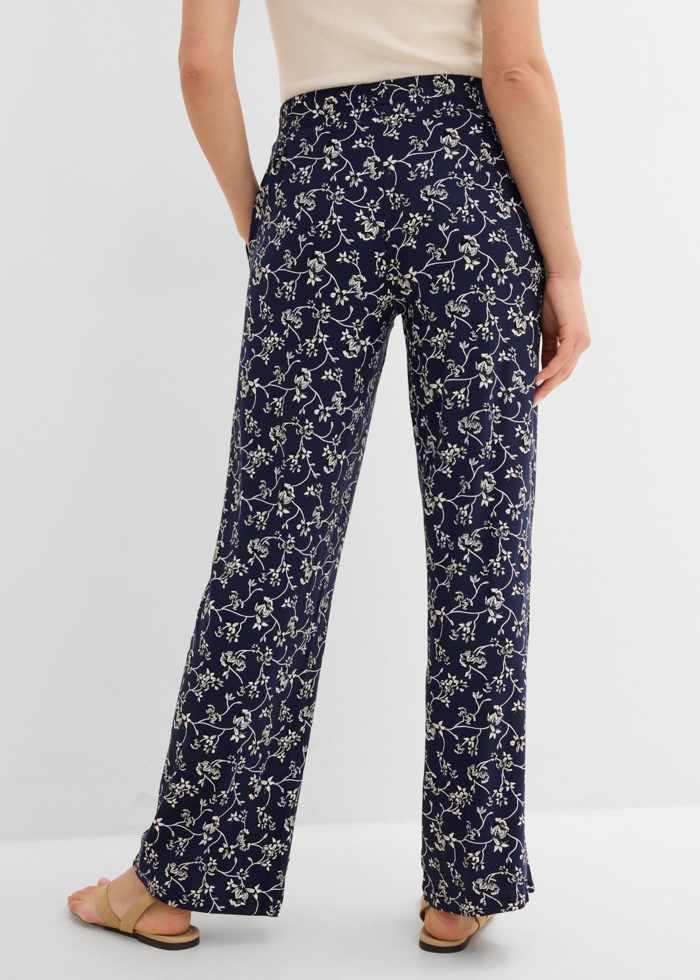 bonprix Pantalon palazzo  en viscose et élasthanne, avec ceinture confortable, forme longue et fluide