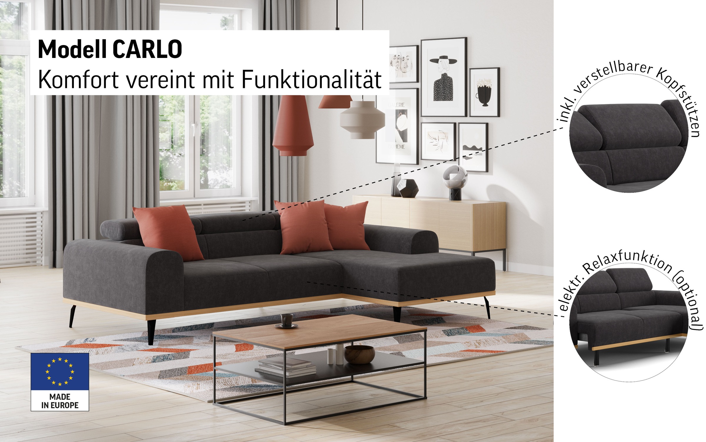 Places of Style Ecksofa »Carlo L-Form«, mit Kopfteilverstellung & Holz-Rahmenoptik, wahlweise Relaxfunktion