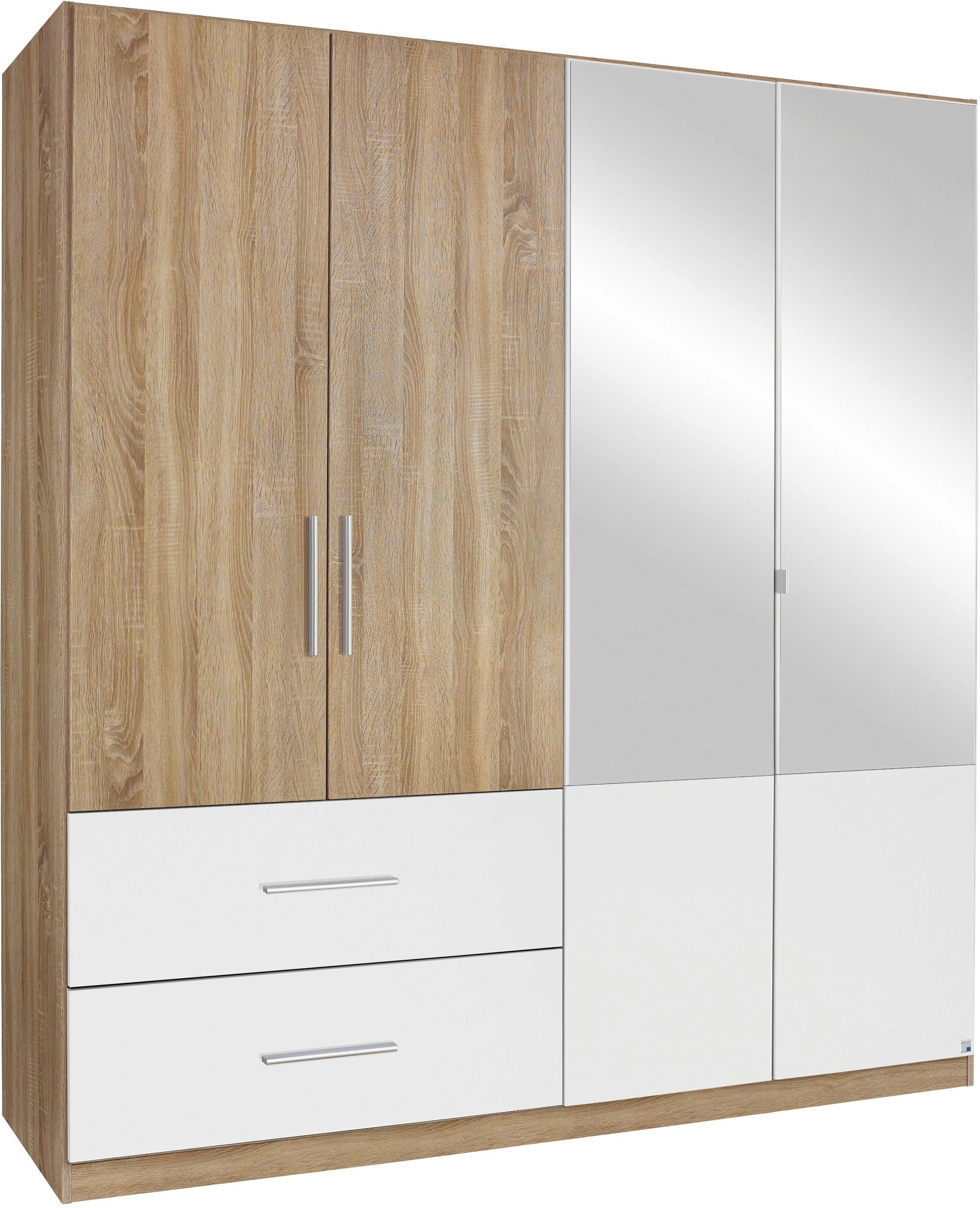 Image of rauch Kleiderschrank "Schrank Garderobe Wäscheschrank Ankleide Schlafzimmer Möbel ALVOR" Weiss/Eiche Sonoma mit Spiegel und 2 grossen Schubladen MADE IN GERMANY