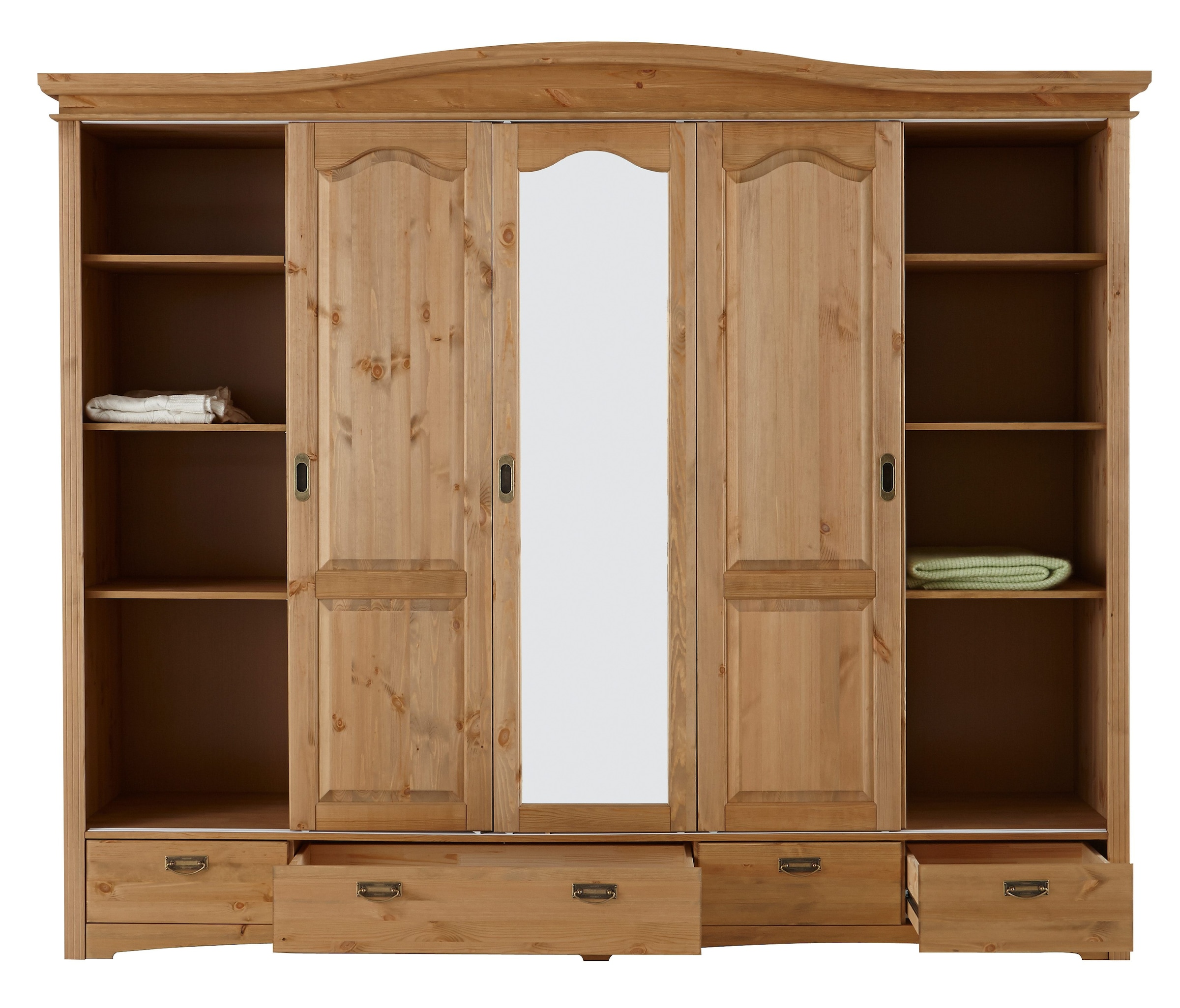 GOODproduct Schiebetürenschrank »Konrad, Landhausstil, rustikal, mit Schubladen + Spiegel, Kassetten« massive Kiefer, FSC®-zertifiziert, Messinggriffe