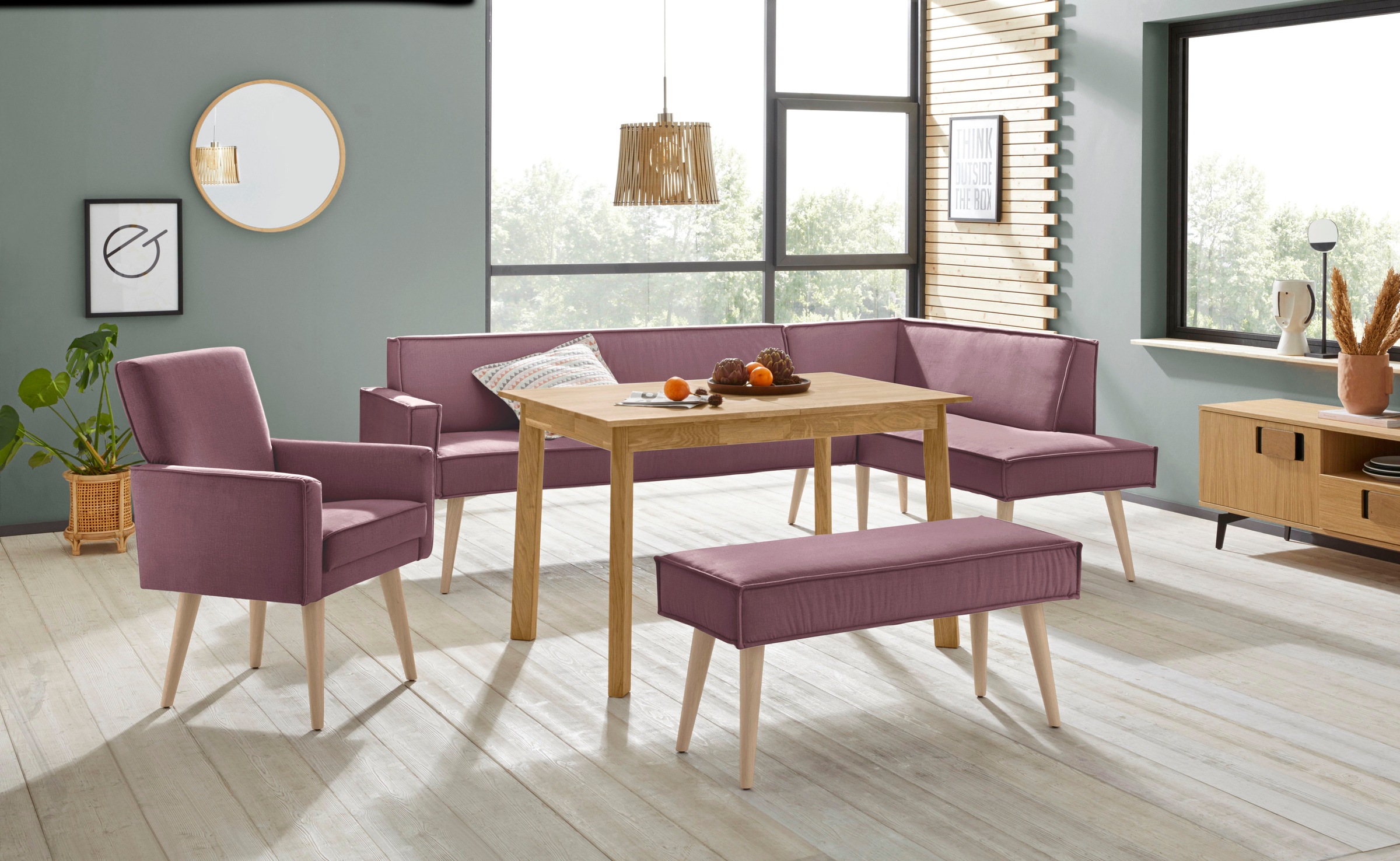 exxpo - sofa fashion Eckbank »Lungo, moderne Kedernaht, bequem und elegant, hoher Holzfuss«, hochwertige Detailverarbeitung, frei im Raum stellbar