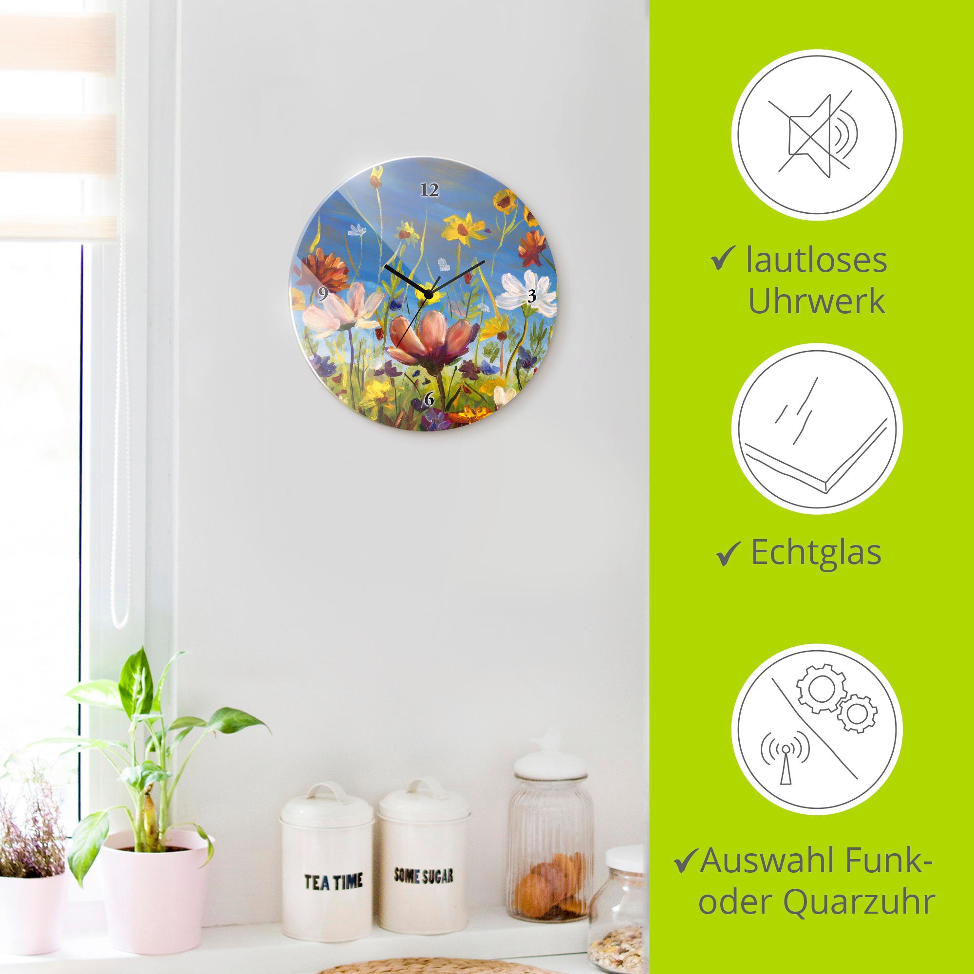 Artland Wanduhr »Glasuhr rund Wildblumenwiese« wahlweise mit Quarz- oder Funkuhrwerk, lautlos ohne Tickgeräusche