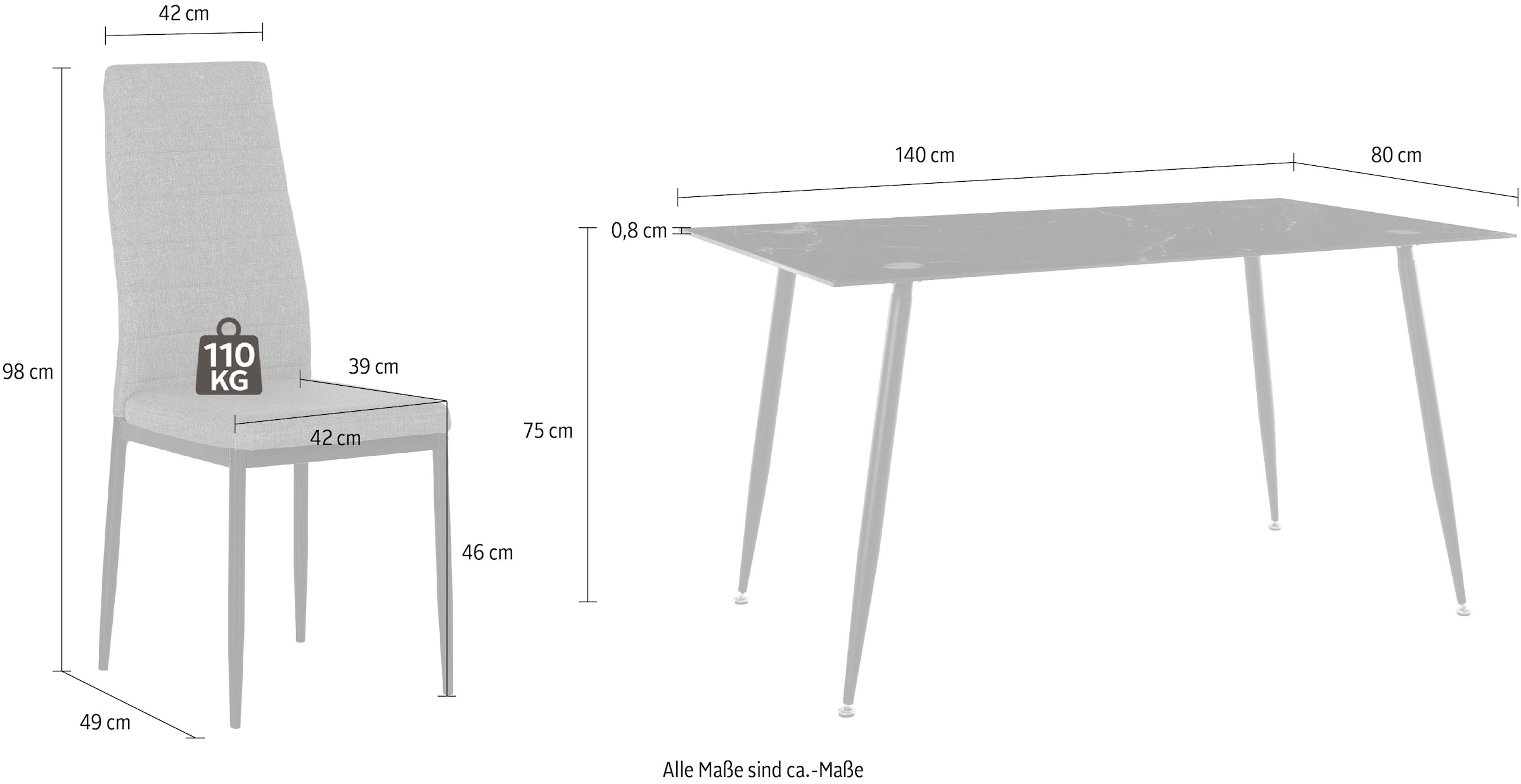 Homexperts Essgruppe »Romeo + Zeus«, (Set, 5 tlg.), Glastisch, Breite 140 cm und 4 Esszimmerstühle, Bezug in Webstoff