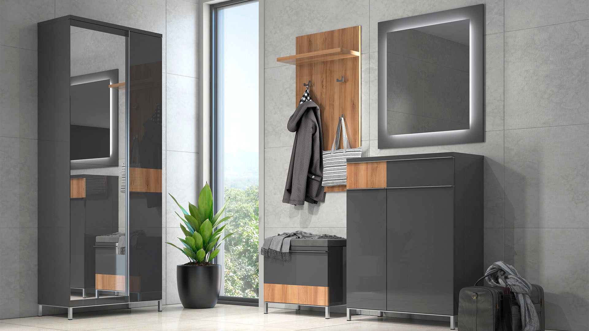 Image of GOODproduct Garderoben-Set "Onyx" Set, Garderobenschrank,Schuhschrank,Schuhbank,Garderobenpaneel,Wandspiegel, 5 Stk. tlg.