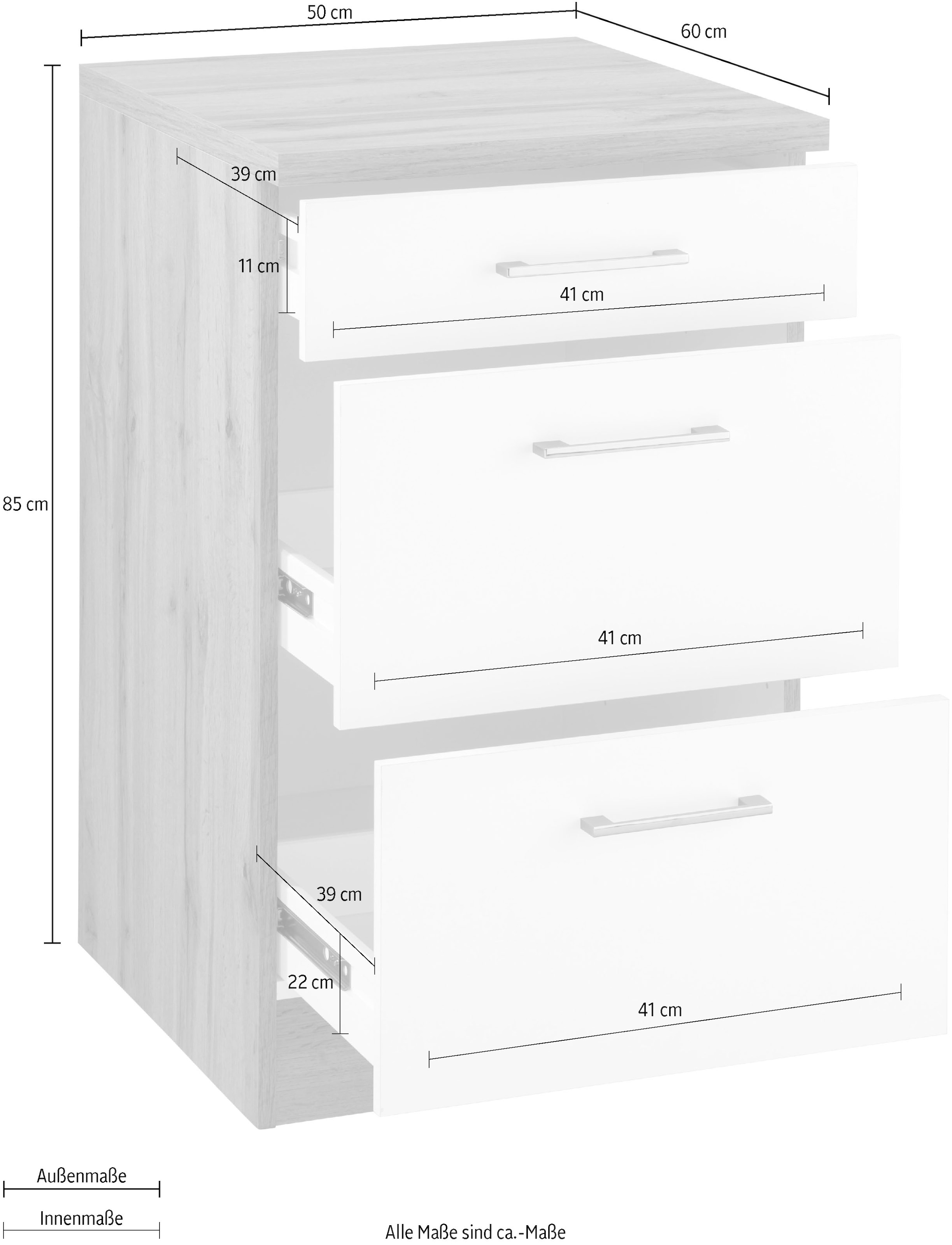 KOCHSTATION Armoire basse coulissante »KS-Colmar« 50 cm, avec poignée en métal, tout à portée de main grâce à deux grands tiroirs