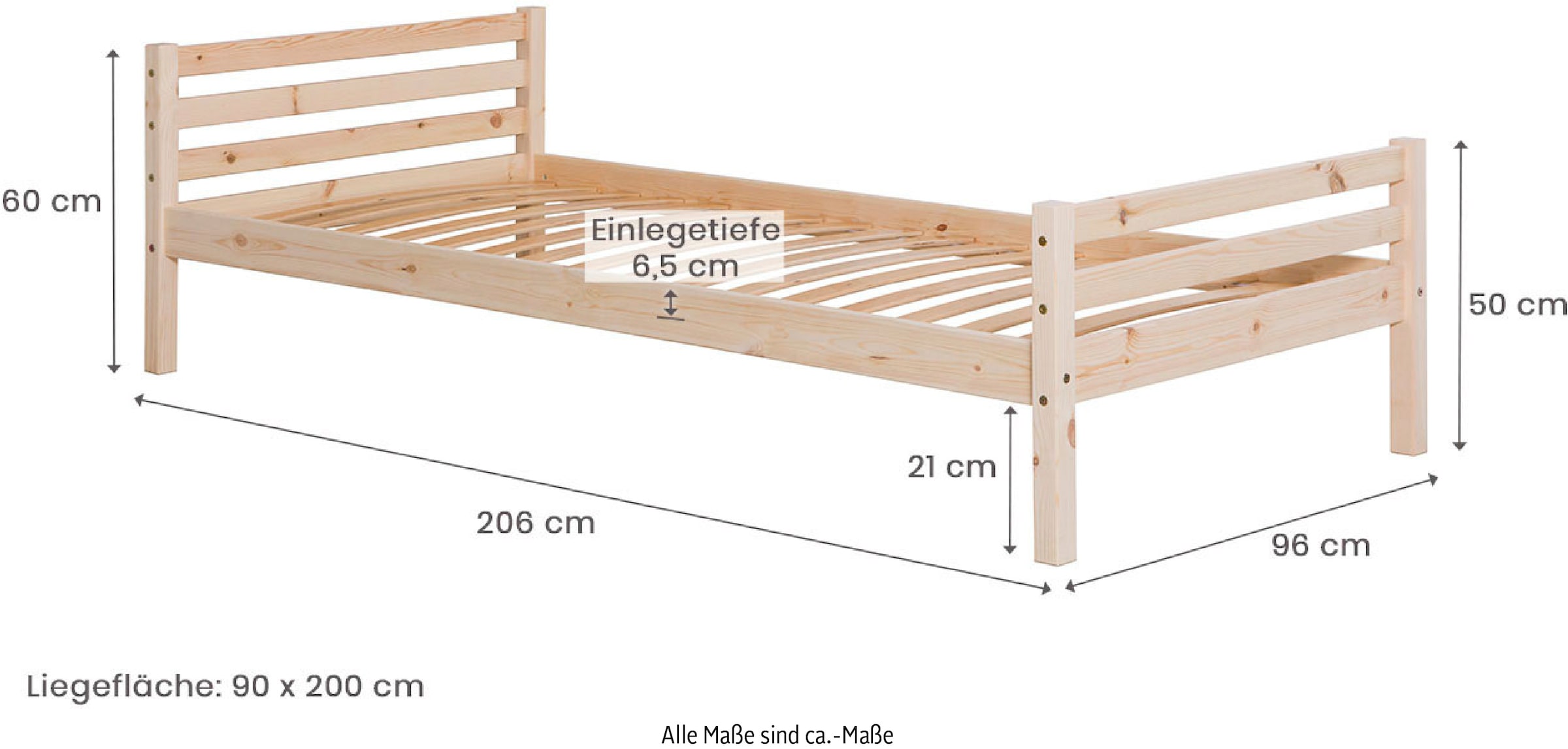 Ticaa Jugendbett, Futonbett in diversen Breiten, Kiefer, mit Rollrost