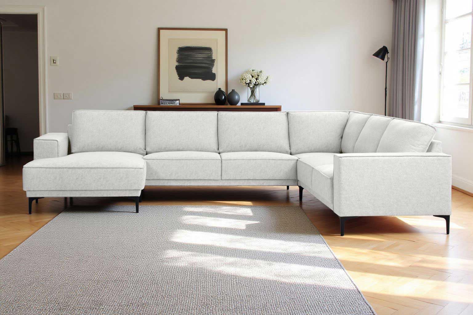 PLACES OF STYLE Wohnlandschaft »XXL Sofa Oland, Struktur, Flachgewebe, Luxus-Microfaser, Boucle« U-Form, 342 cm, Wellenunterfederung, Skandi-Design, Metallfüsse