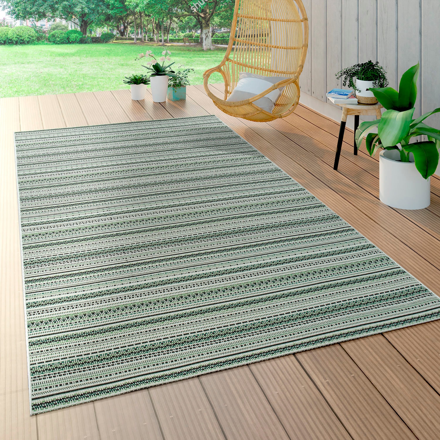 Paco Home Teppich »Ostende 535« rechteckig 4 mm Höhe Flachgewebe, gestreift, In- und Outdoor geeignet, Wohnzimmer