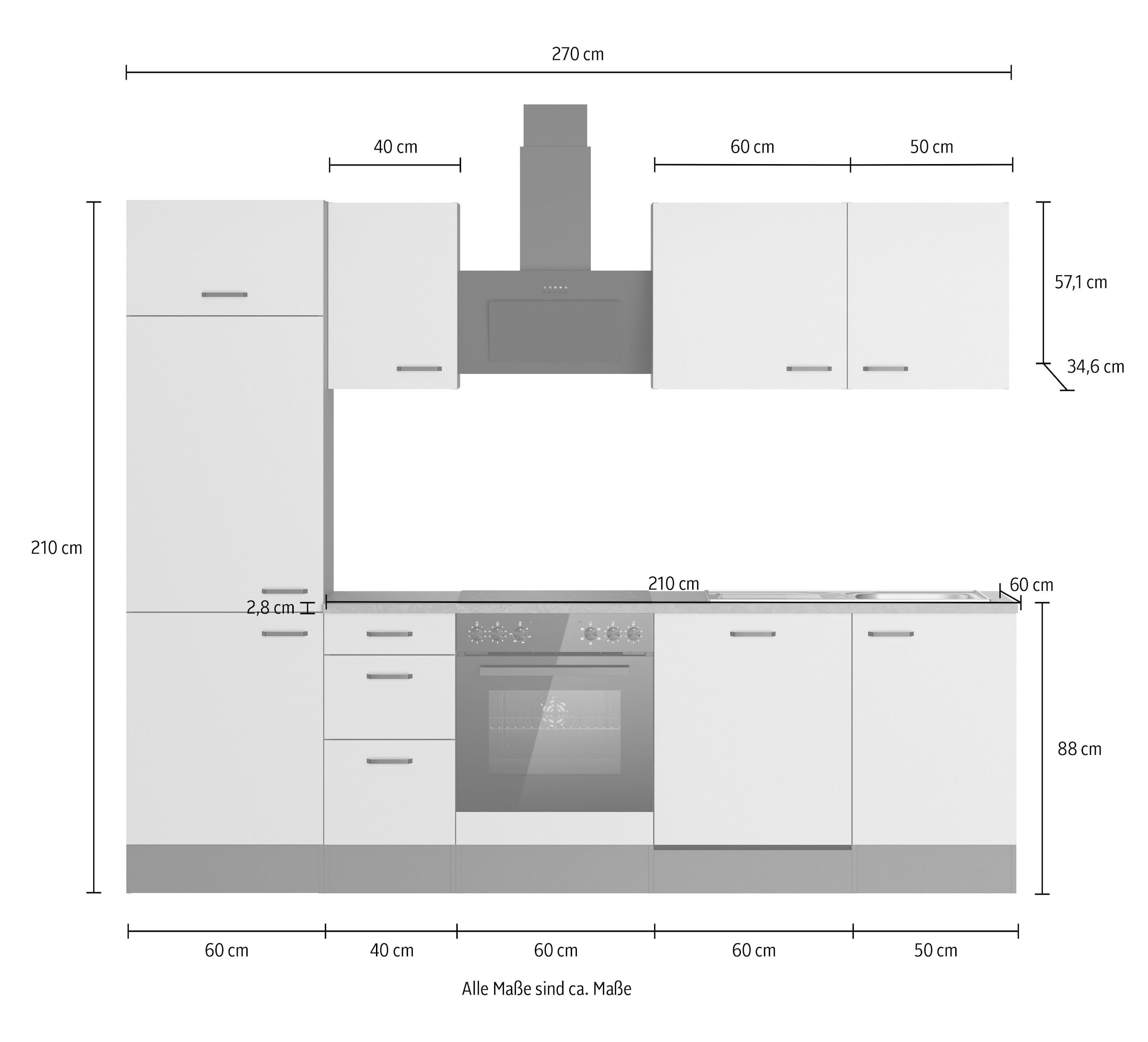 OPTIFIT Kitchenette »OPTImulti« Largeur 270 cm, éventuellement avec appareils électriques et évier en acier inoxydable