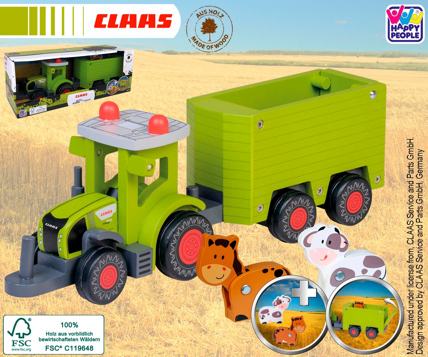 Happy People Spielzeug-Traktor »CLAAS Kids Axion 870« aus Holz, mit Viehanhänger