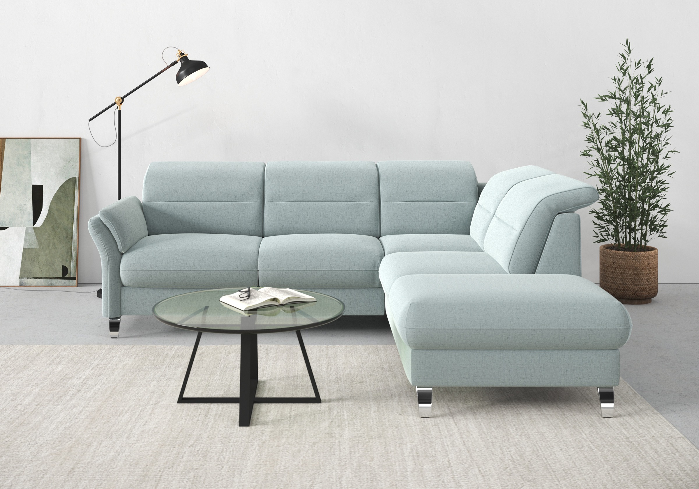 sit&more Canapé d'angle »Grenoble L-Form mit Federkern« avec fonction couchage, coffre à lit, réglage des accoudoirs et du dossier en option