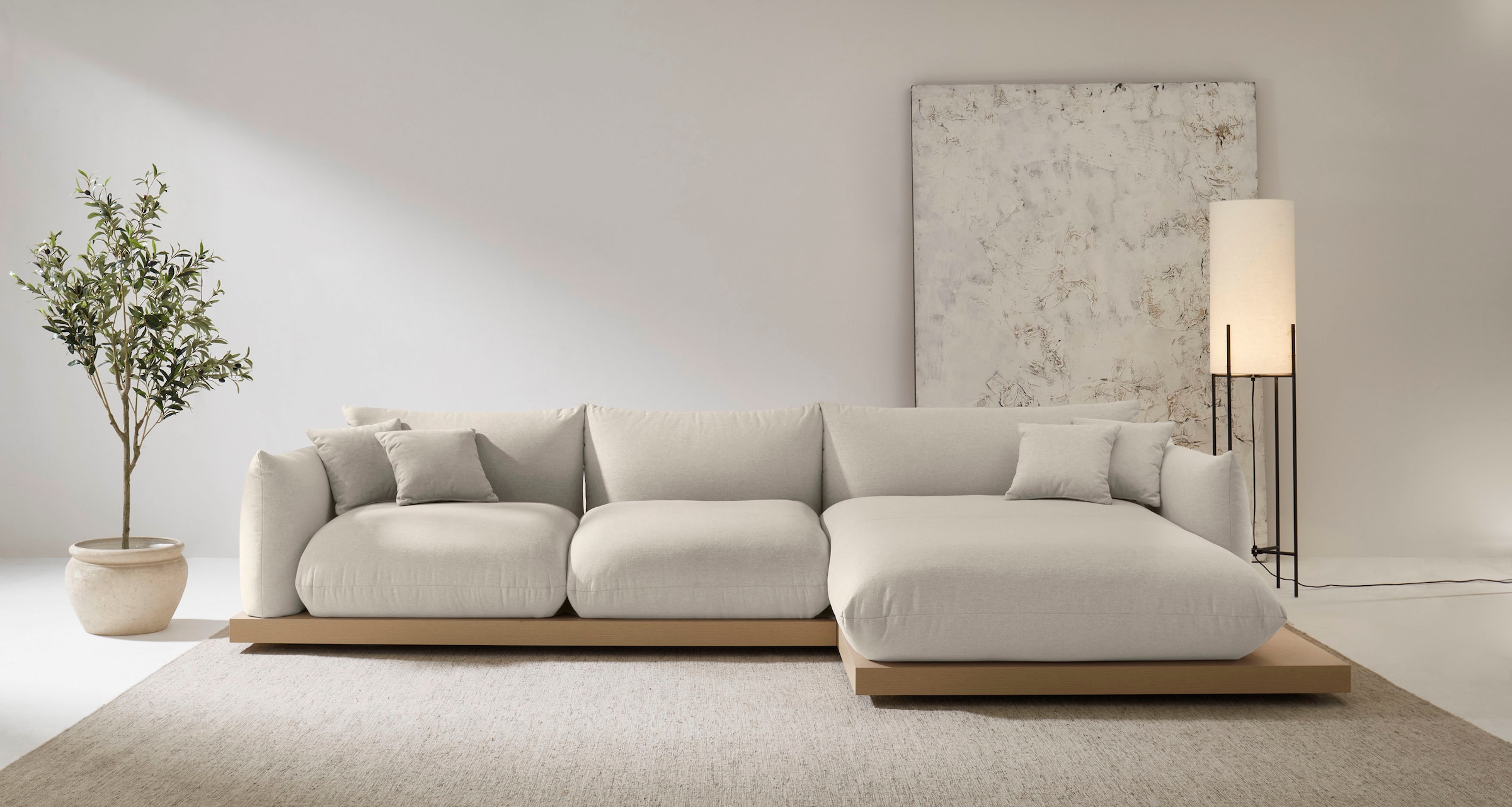 GOODproduct Ecksofa »Kalix, Polsterecke mit kräftigem Holz-Plateau, moderne Couch in L-Form« wahlweise Recamiere links o. rechts, Strukturstoff, hoher Sitzkomfort