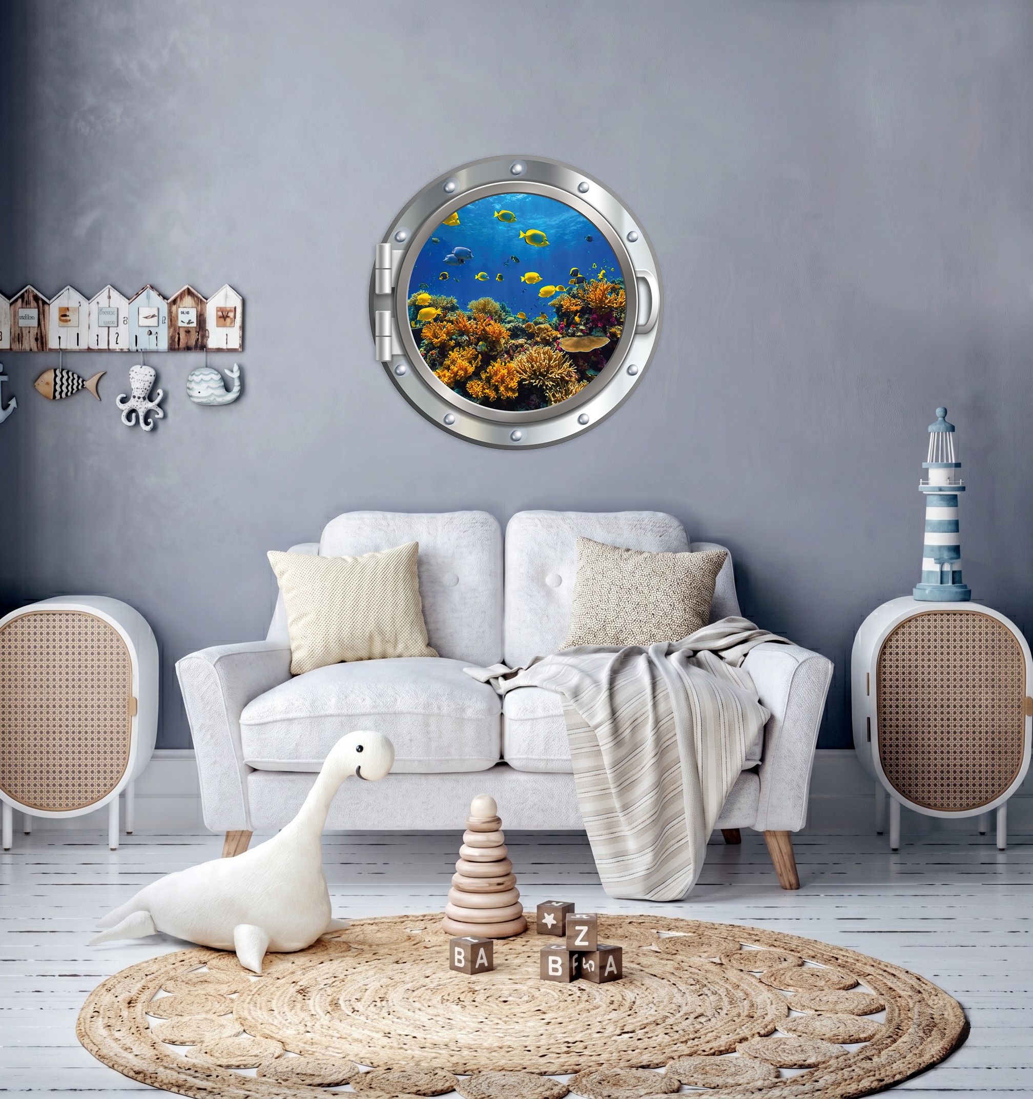 queence Autocollants muraux »3D Bullauge Illusion Unterwasserwelt Korallen 40x40 cm« trou mural autocollant sous-marin