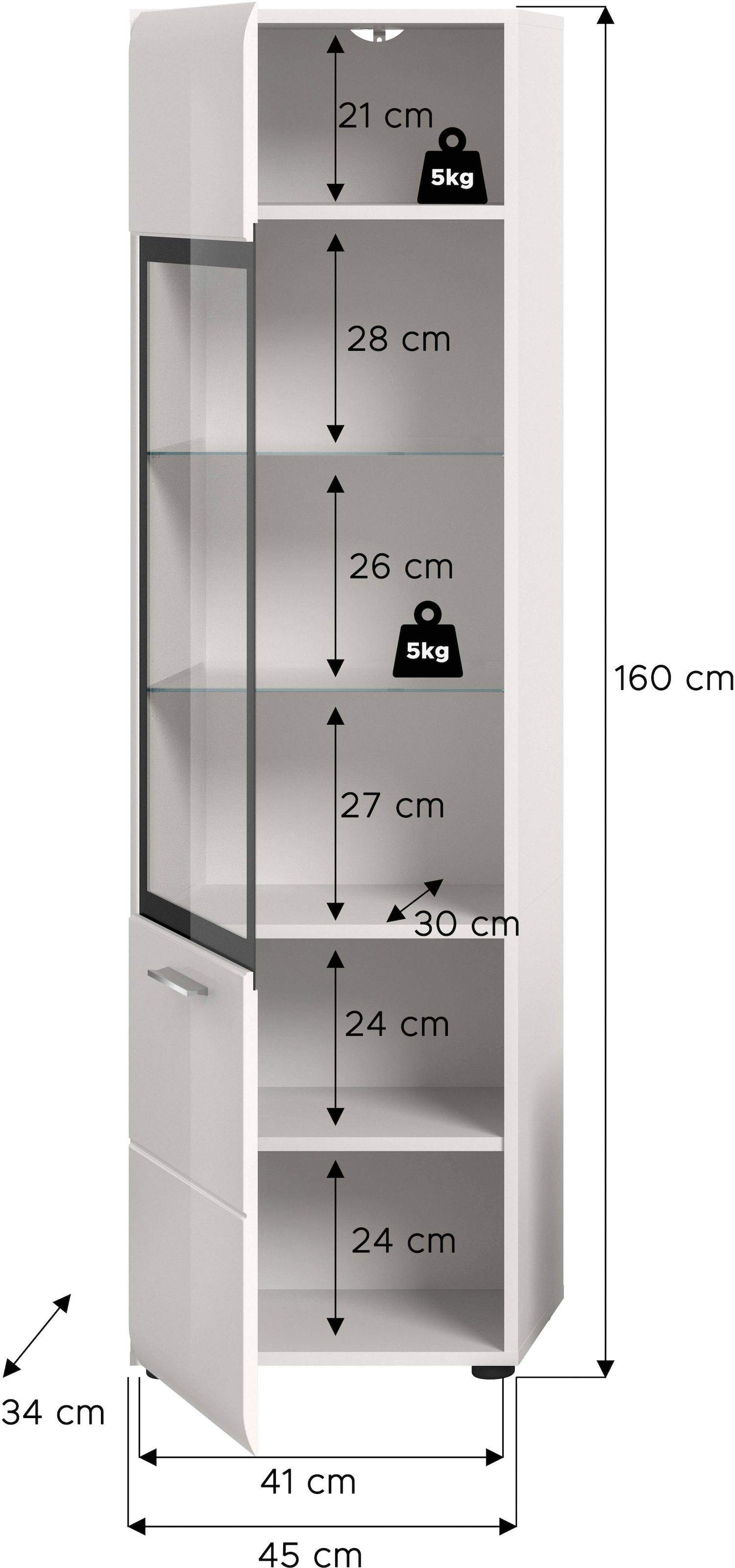 INOSIGN Vitrine »FLORENZ, Höhe: 160 cm, hochwertige MDF-Front, Glastür, Glasböden« 1 Stk. tlg. Vitrine, Vitrine weiss, Vitrinenschrank, Wohnzimmervitrine, Wohnzimmer