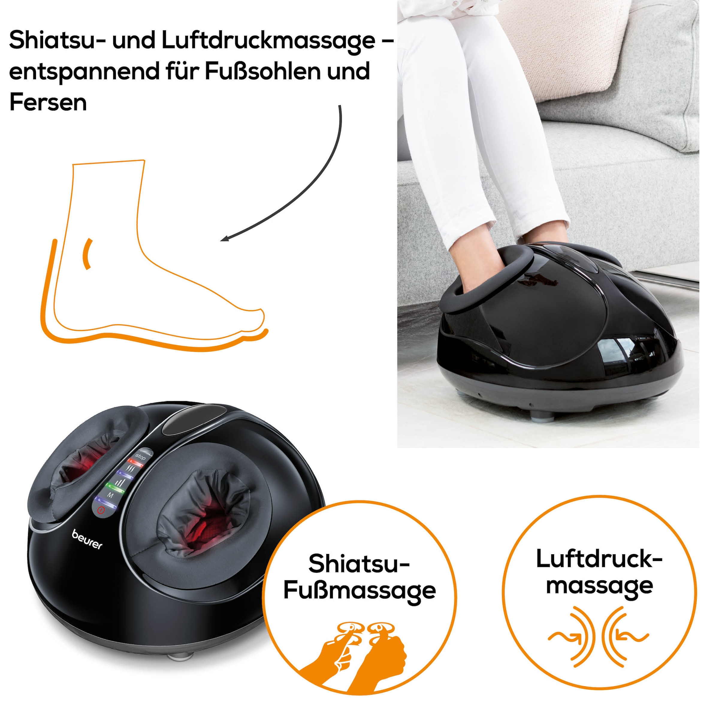 BEURER Fussmassagegerät »FM 90 mit Shiatsu- und Luftdruckmassage, durchblutungsfördernd«, Mit Wärmefunktion, 3 Intensitätsstufen, durchblutungsfördernd