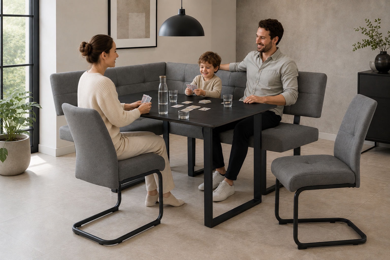 GOODproduct Ensemble de bancs d'angle »Alabama« Ensemble d'épargne, 4 tlg. Sitzgruppe mit Federkern, 2 Freischwingern und Sinterstein-Tisch
