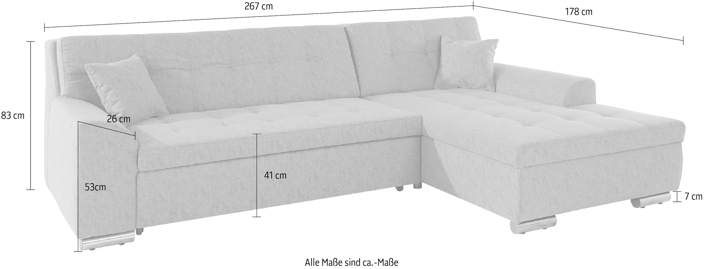 DOMO collection Ecksofa »Aversa, moderne Steppung, geschwungene Armlehnen, Breite 267cm« L-Form, wahlweise mit Bettfunktion