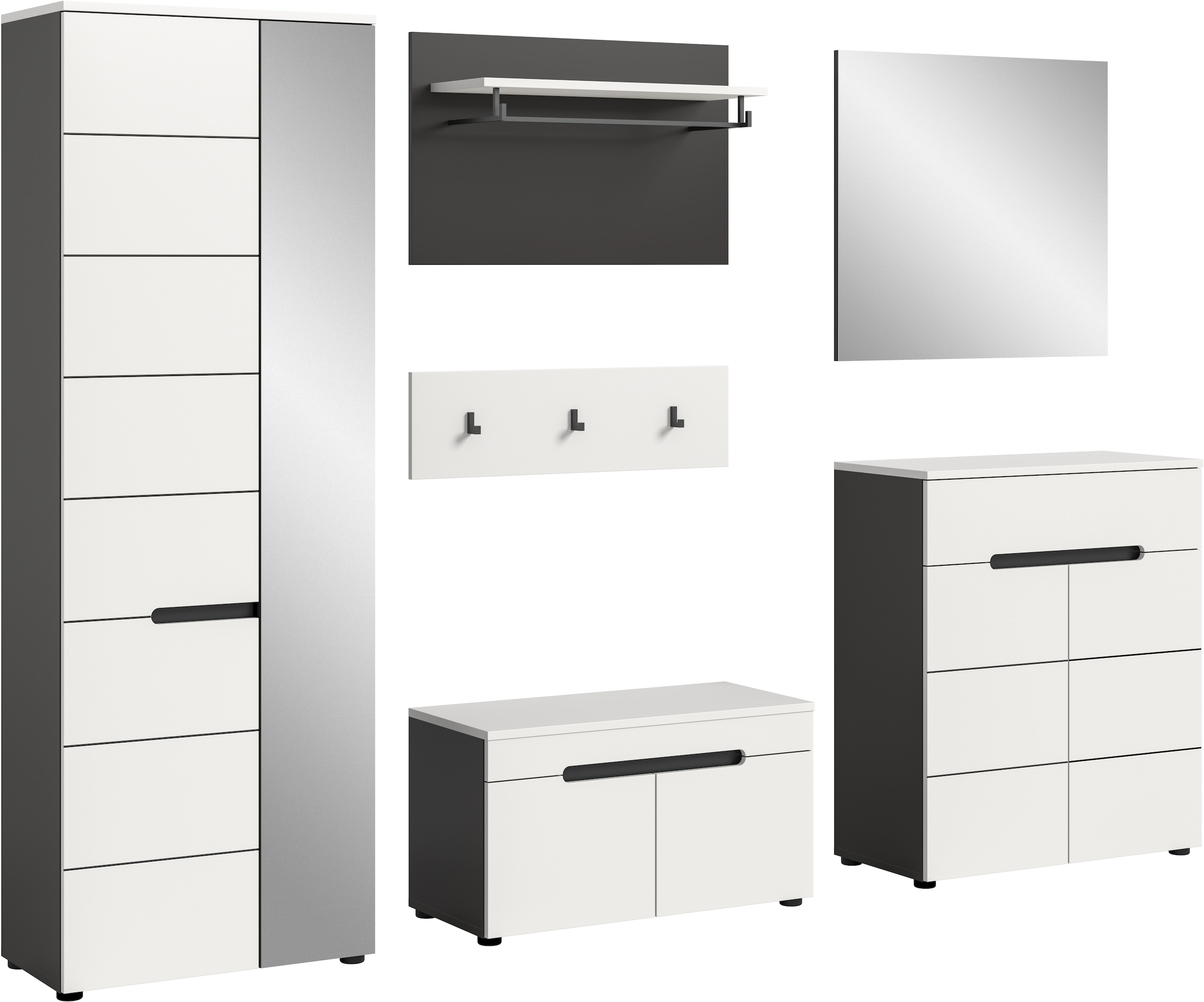 Home affaire Garderoben-Set »Rehat, Garderobenkombination, Breite 255cm« Garderobenschrank, Sitzbank, Paneel, Hakenleiste, Spiegel, Kommode, 6 Stk. tlg.