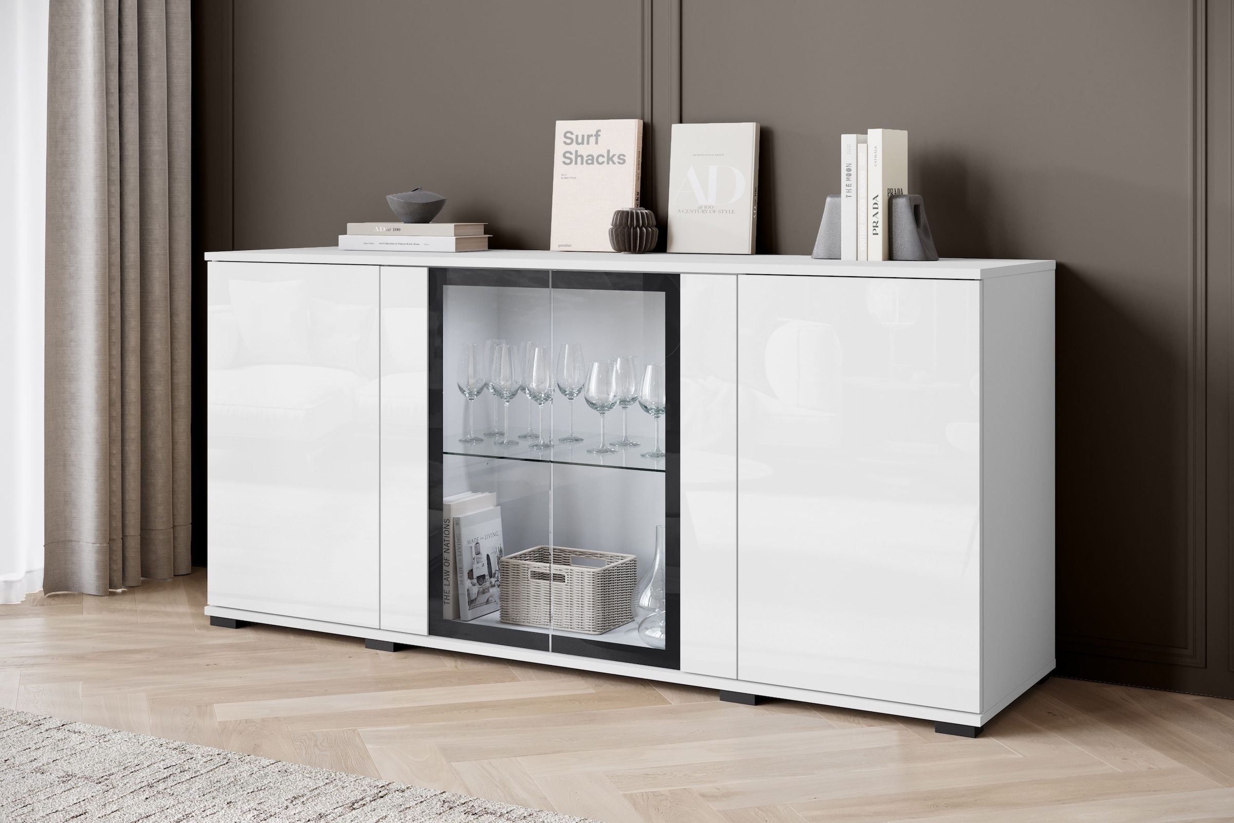 Home affaire Buffet »Caro, modernes Design mit Glaseinsätzen, Breite 150 cm« 1 cuis tlg. façades sans poignées avec push-to-open, étagères réglables en hauteur,