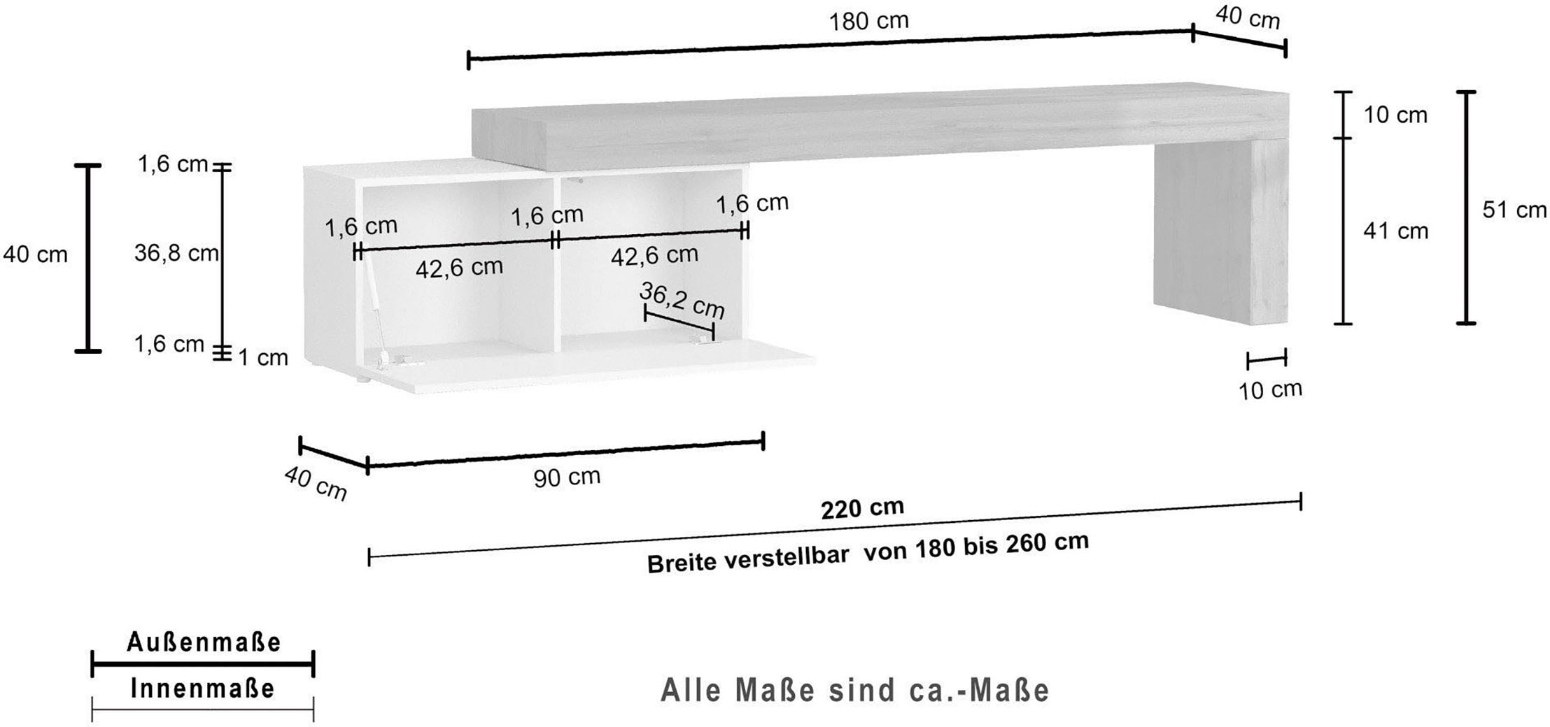 GOODproduct Table basse »Chronos TV-Board, TV-Schrank« Breite verstellbar von 180 bis 260 cm, 1 cuis tlg. Breite 220 cm TV-Board,Lowboard,1 Klappe und ein L-Förmiger Aufsatz