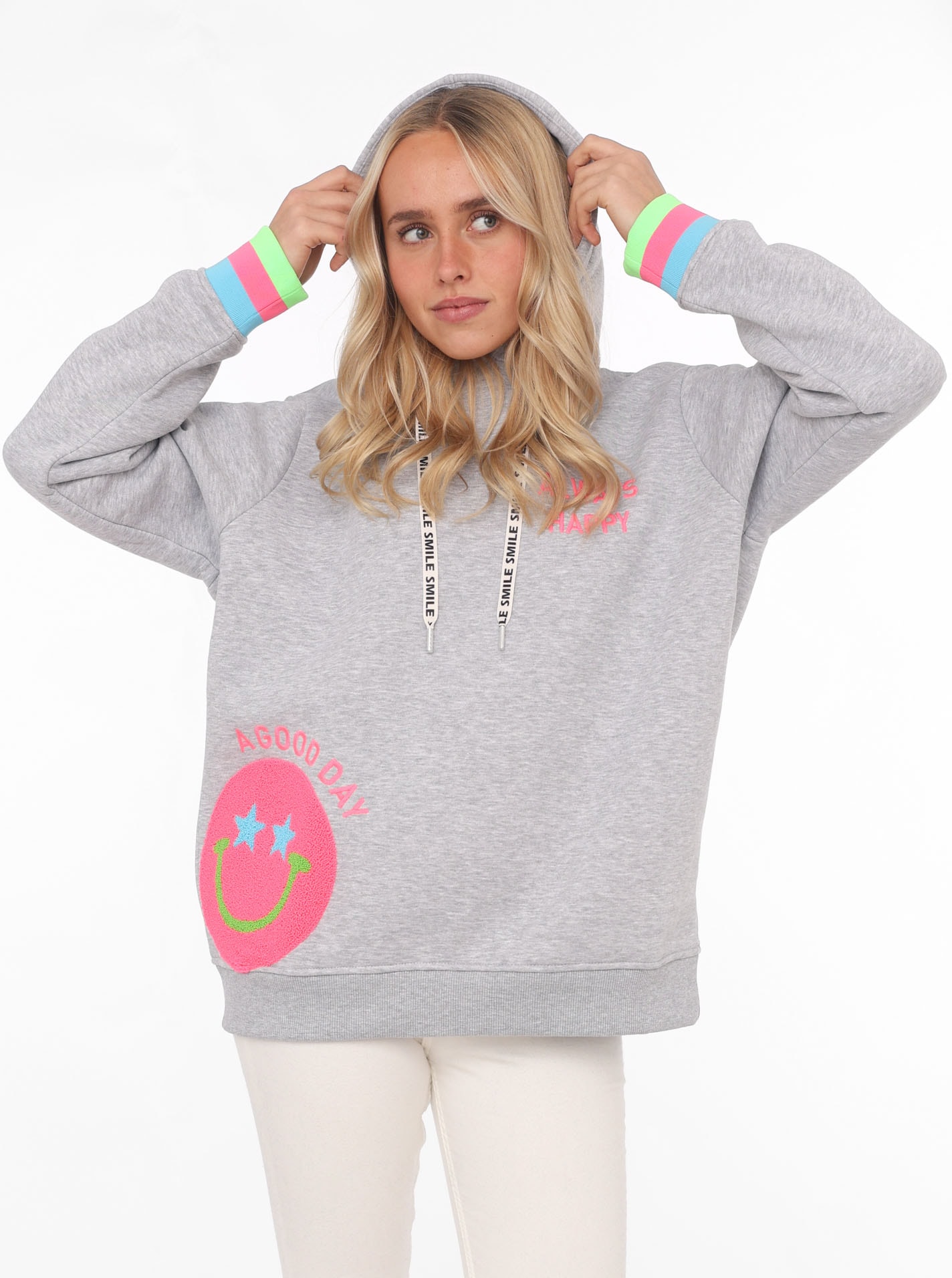 Zwillingsherz Hoodie »Always Happy«, Smiley aus Frottee, Neon-Details, Kapuze, Langarm