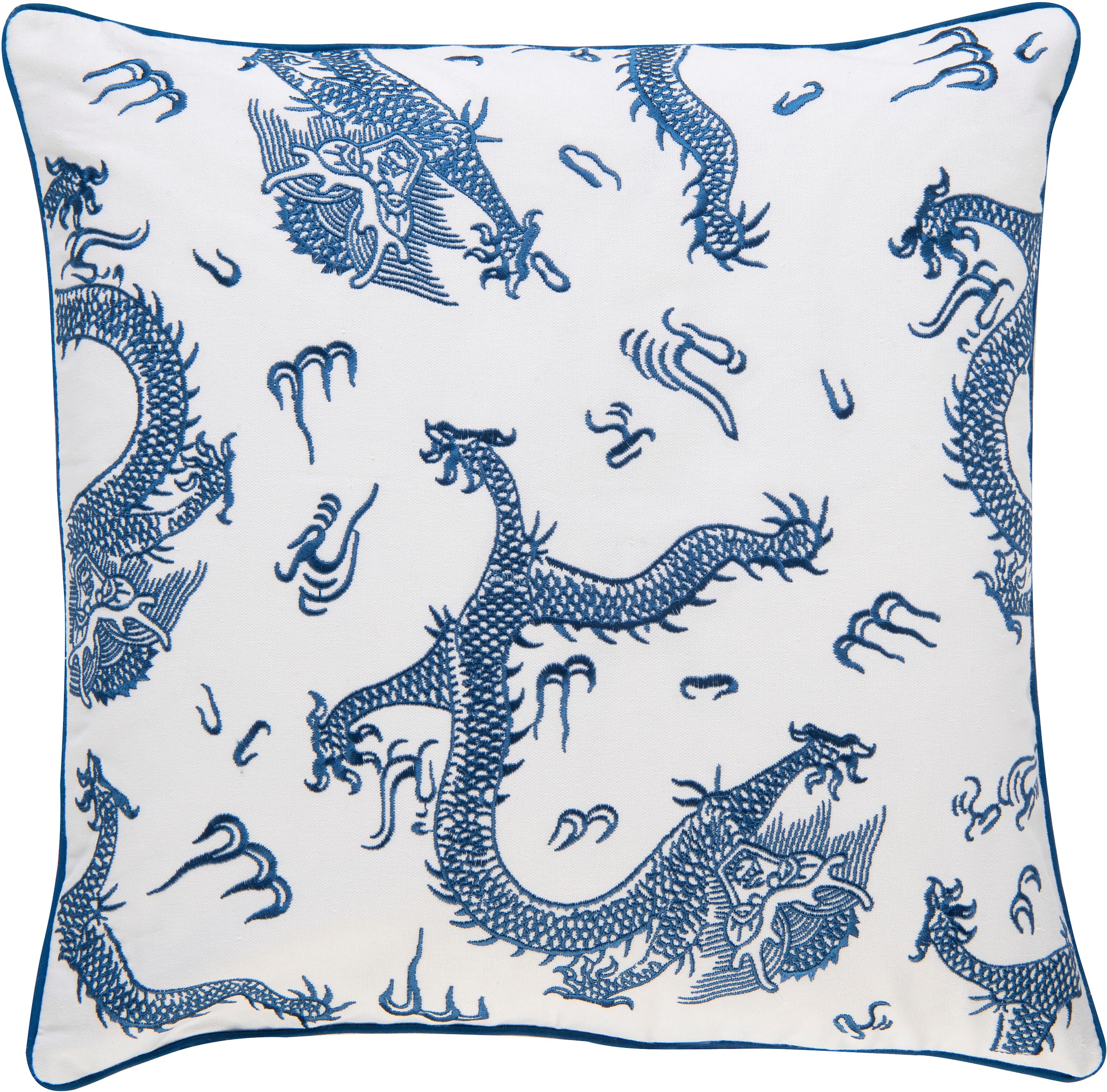 BARBARA Home Collection Dekokissen »Dragon 01 blau-weiss«, Kissenhülle ohne Füllung aus besticktem Leinwandgewebe, 50x50 cm