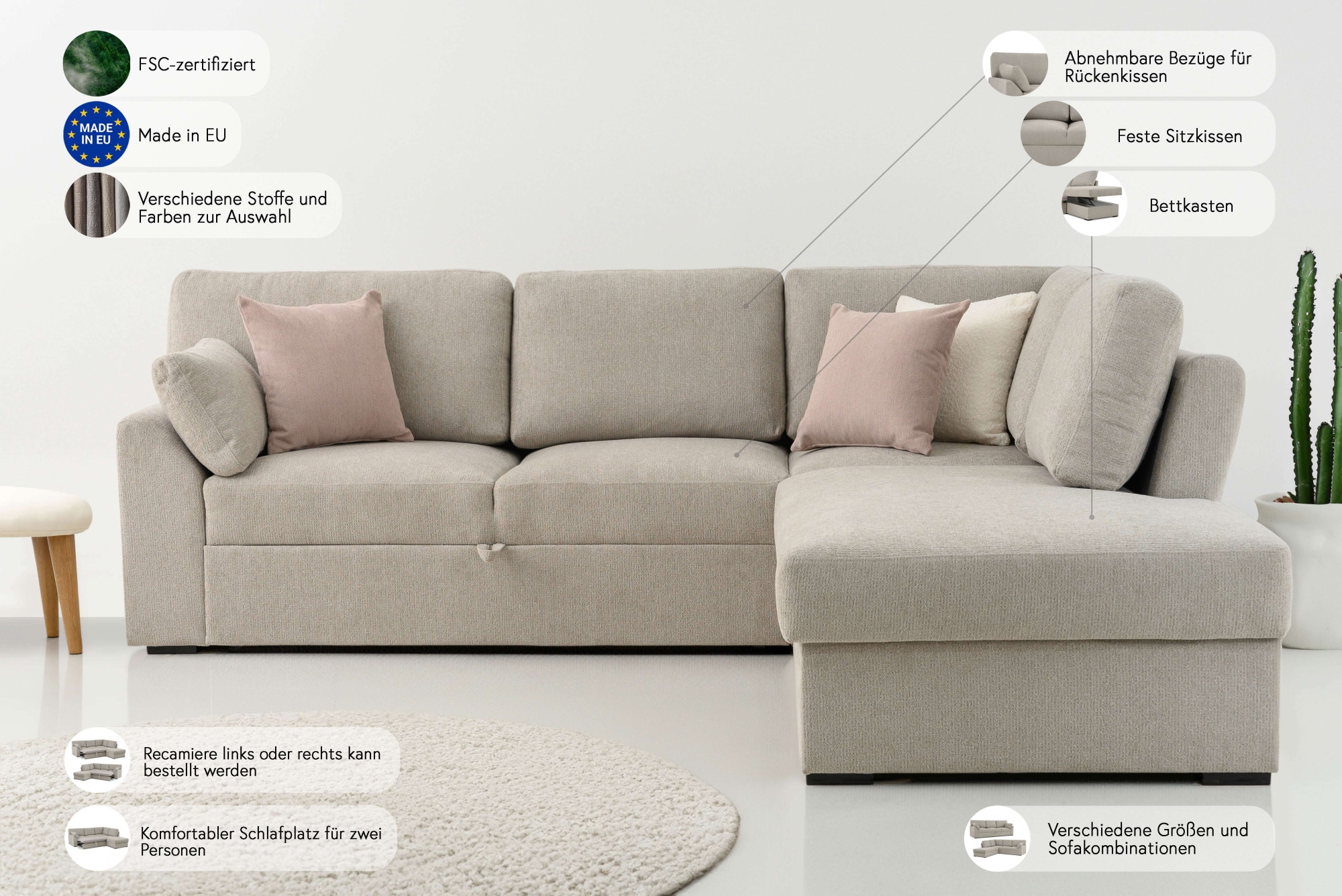 Home affaire Ecksofa »Citry«, (304 St.), Breite 242 cm, Chenille, Bettfunktion, Bettkasten, L-Form