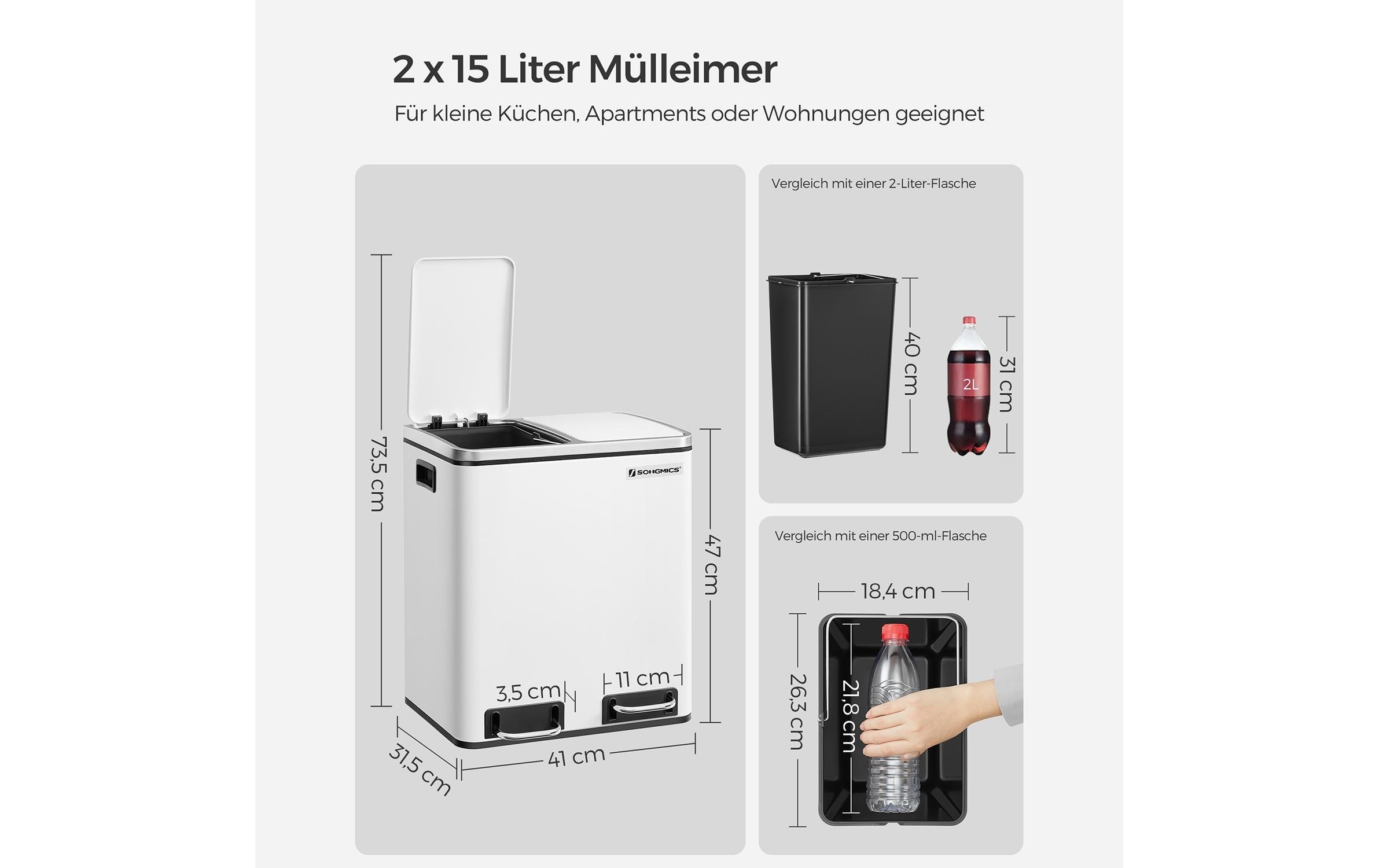SONGMICS Mülleimer »mit Inneneimern und Griffen 2 x 15 l« Treteimer mit Geruchs- und Weichverschluss