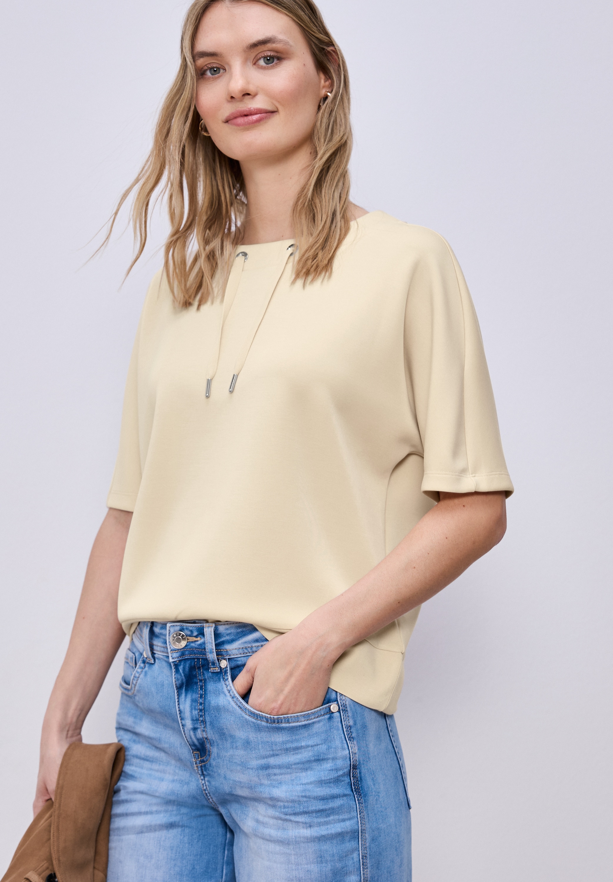 Image of STREET ONE Sweatshirt, Halbarm Silk-Look Shirt mit Kordelzug