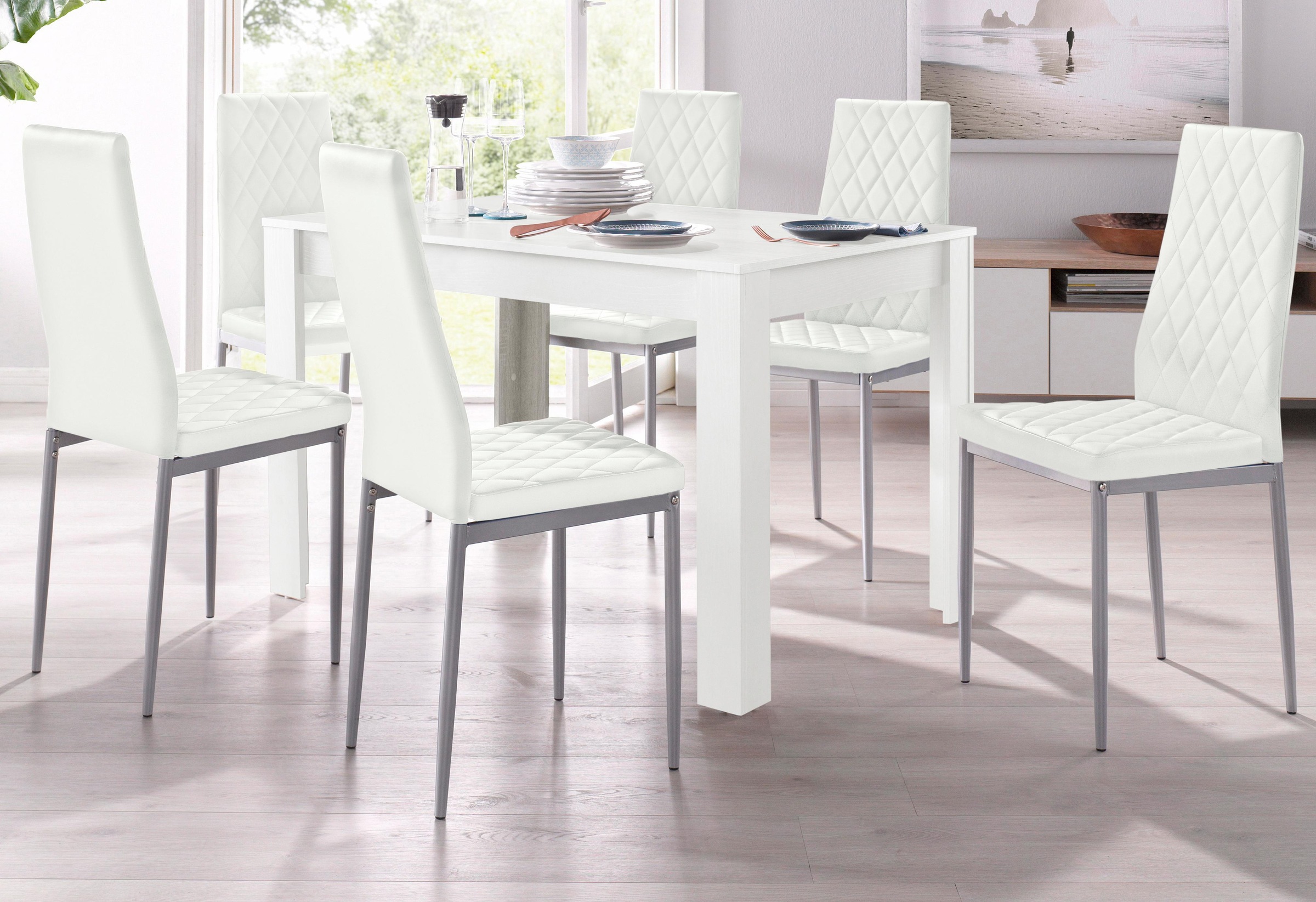 Image of GOODproduct Essgruppe "Tisch, Stuhl" Set, 5tlg. Set. Tisch 120 cm plus 4 Stühle, 5 Stk. tlg. Tisch 120 cm, 4 Stühle in Lederoptik