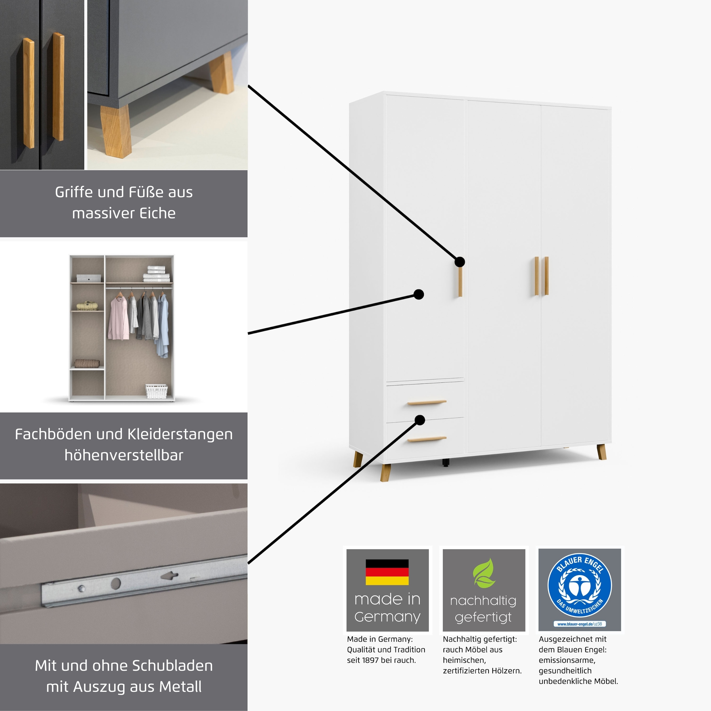 rauch Drehtürenschrank »Kleiderschrank Schrank Garderobe SHINJO Breiten 93/140/187 cm« in 3 verschiedenen Ausstattungen BASIC/CLASSIC/PREMIUM,  Griffe und Füsse aus Massivholz mit 2 Schubladen MADE IN GERMANY