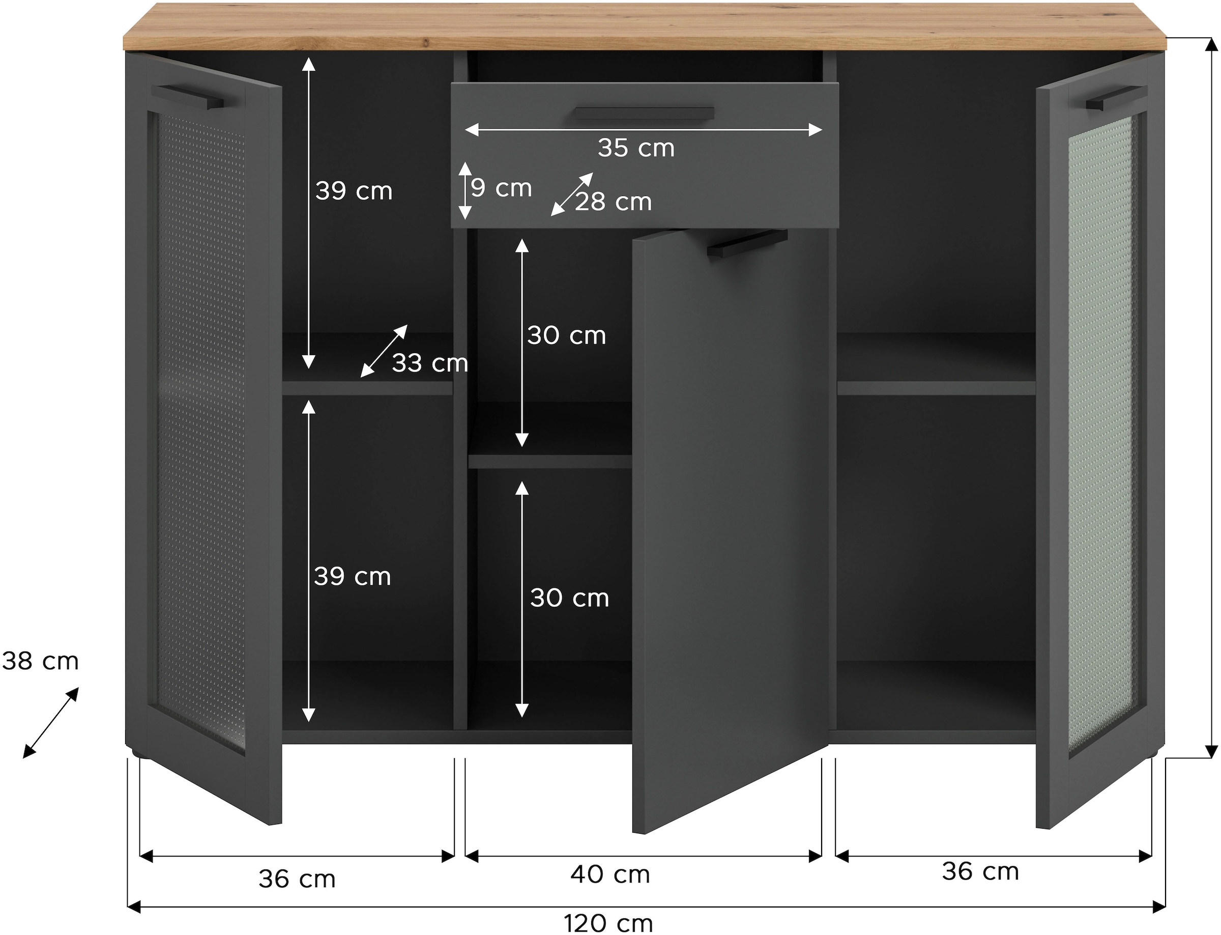 INOSIGN Sideboard »SALKIN, Breite 120cm, 3 Türen (2 mit ESG-Ornamentglas), 1 Schubkasten,«, Anrichte, Schrank, Kommode,Vitrine, Vitrinenschrank Wohnmöbel
