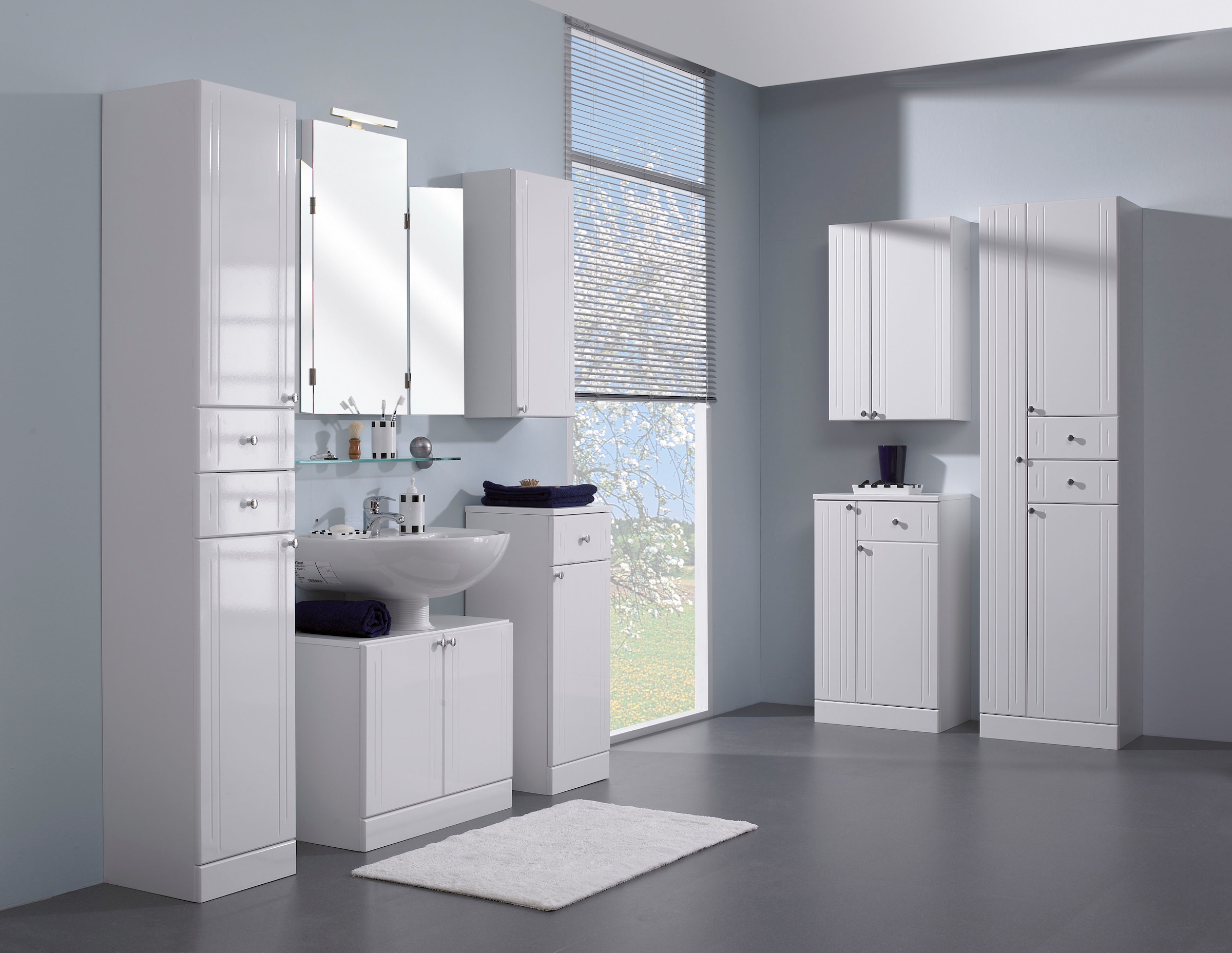 Saphir Armoire basse »Quickset 955 Badschrank mit 1 Tür, 1 Schublade, 32,5 cm breit« Meuble sous lavabo blanc brillant, poignées chrome brillant