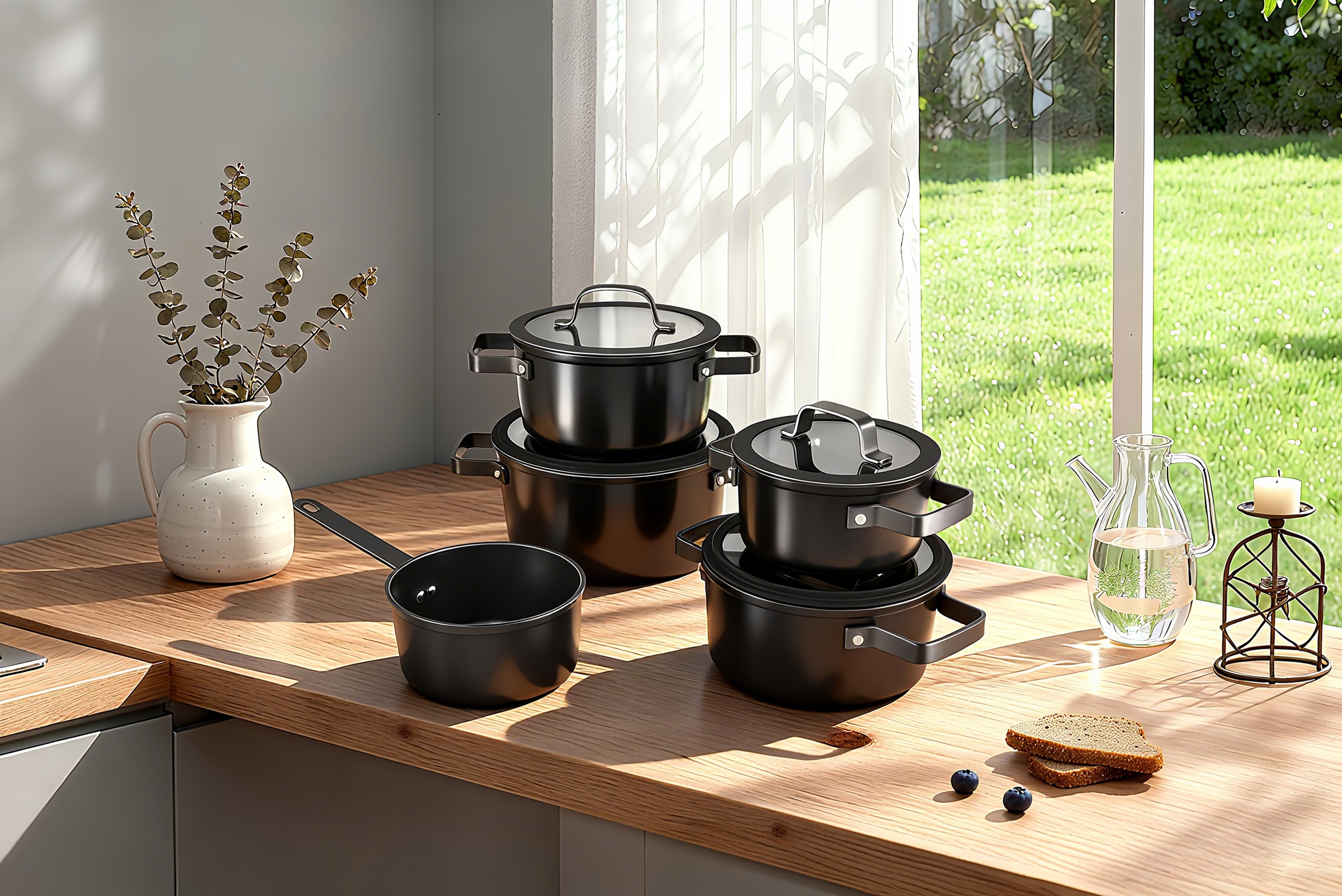 Hanseatic Topf-Set »ALU PRO«, Aluminium, (Set, 9 tlg., Fleischtopf 1x 16 cm / 2x 20 cm / 1x 24 cm, Stielkasserolle 16 cm), mit Griffe aus Edelstahl, Glasdeckel, Induktion