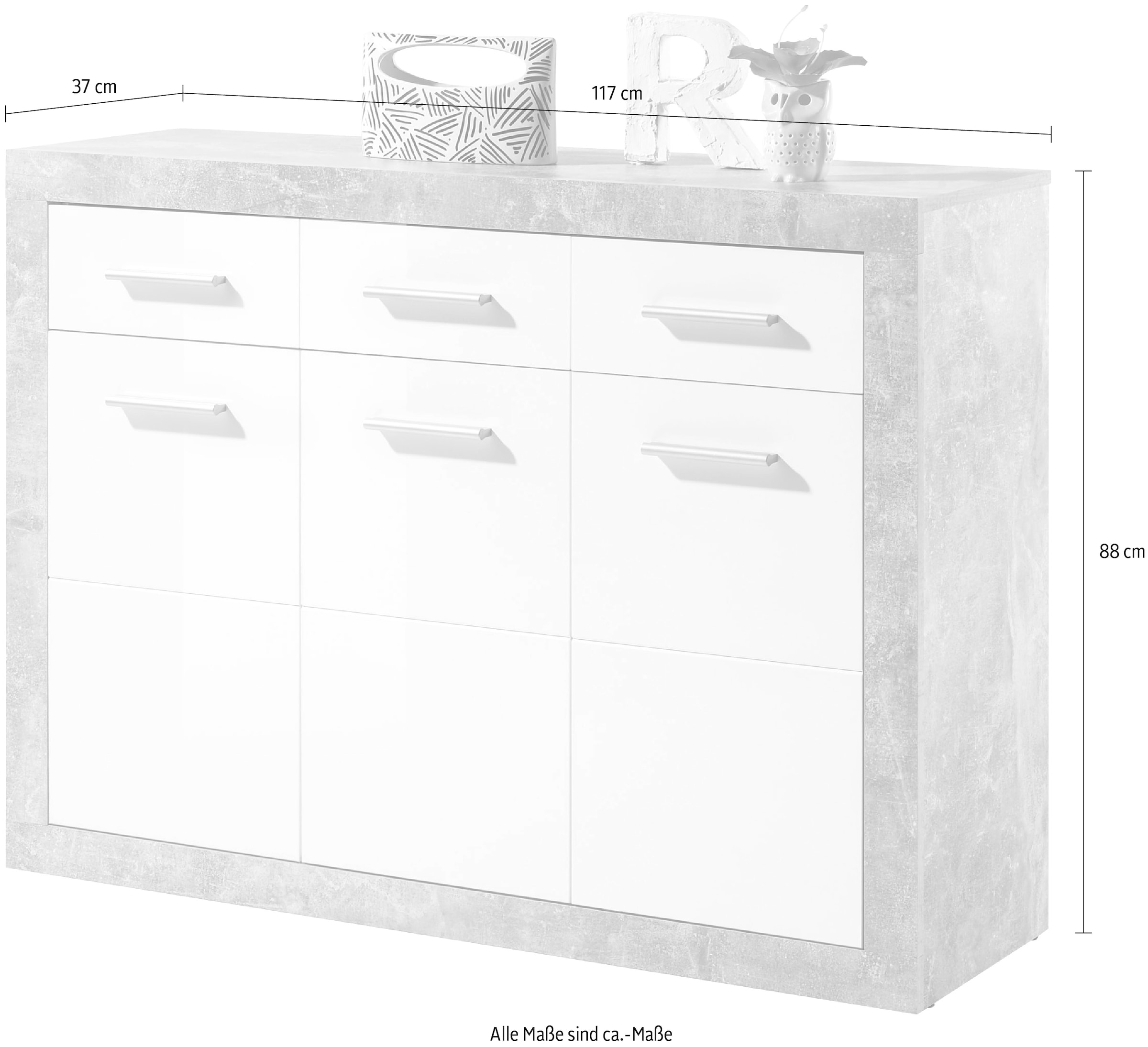 HBZ Kommode »Stone 2 weiss Glanz, BxHxT 117x88x37 cm« Kommode mit 3 Türen, 3 Schubkästen, 2 Einlegeböden