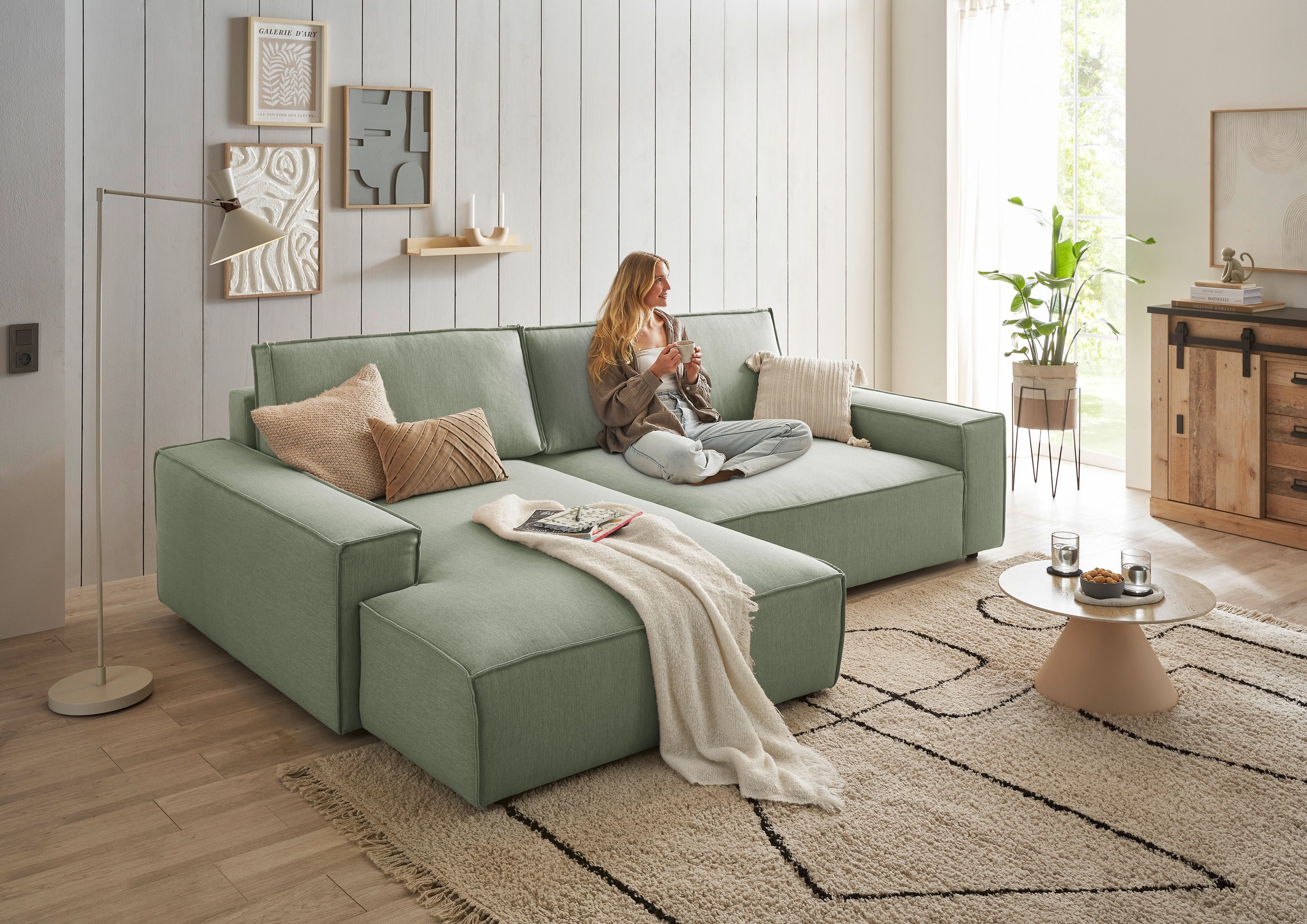 Home affaire Ecksofa »NEU: SHERWOOD XXL 284, Big-Sofa L-Form, tiefe Sitzfläche 95 cm, Cord«, Recamiere rechts/links, als Schlafsofa stellbar, Cord u. Leinenoptik