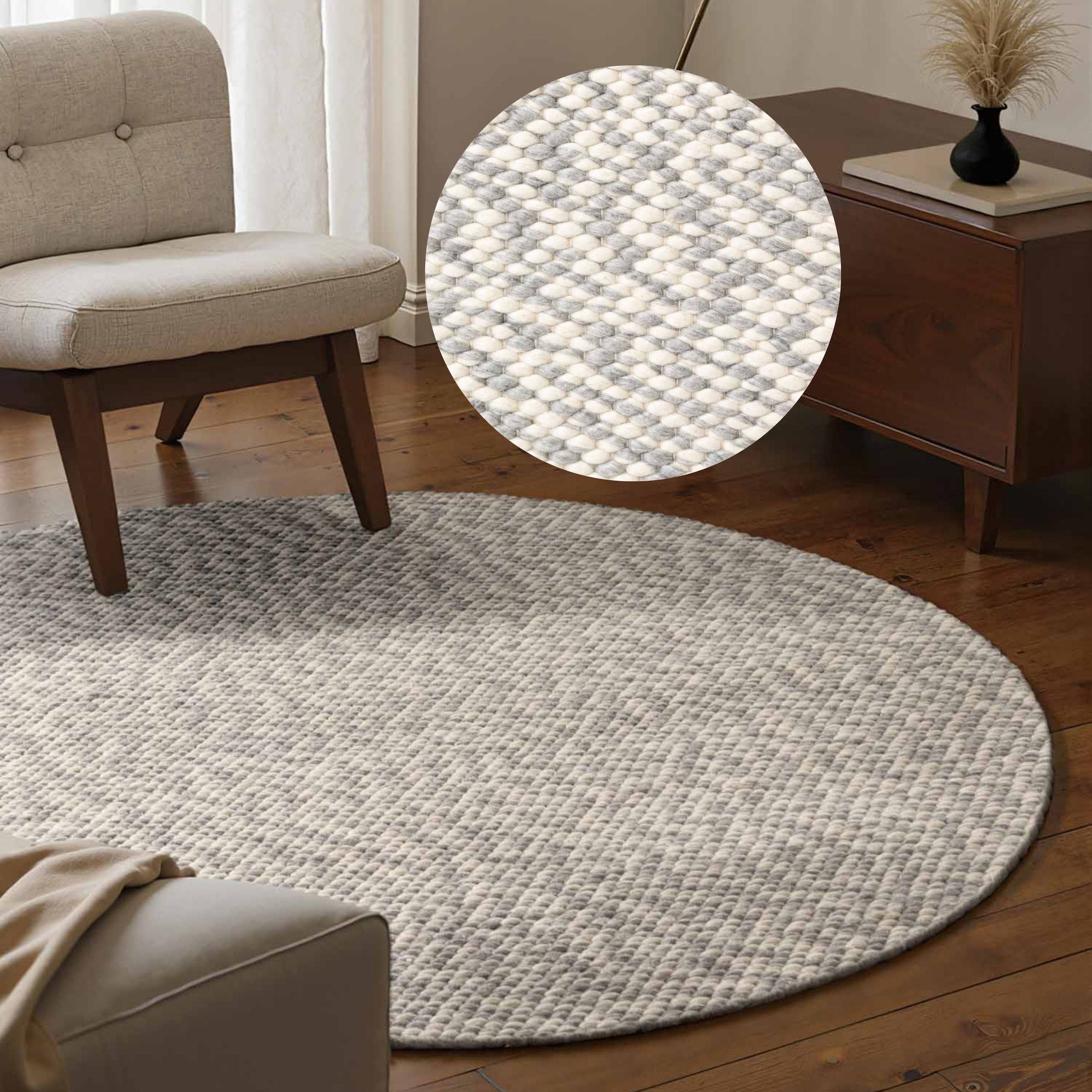 Image of ELLE DECORATION Wollteppich "Beans" rund 10 mm Höhe Handweb Teppich Wolle, Rund, Perlenstruktur, Wohnzimmer, Schlafzimmer