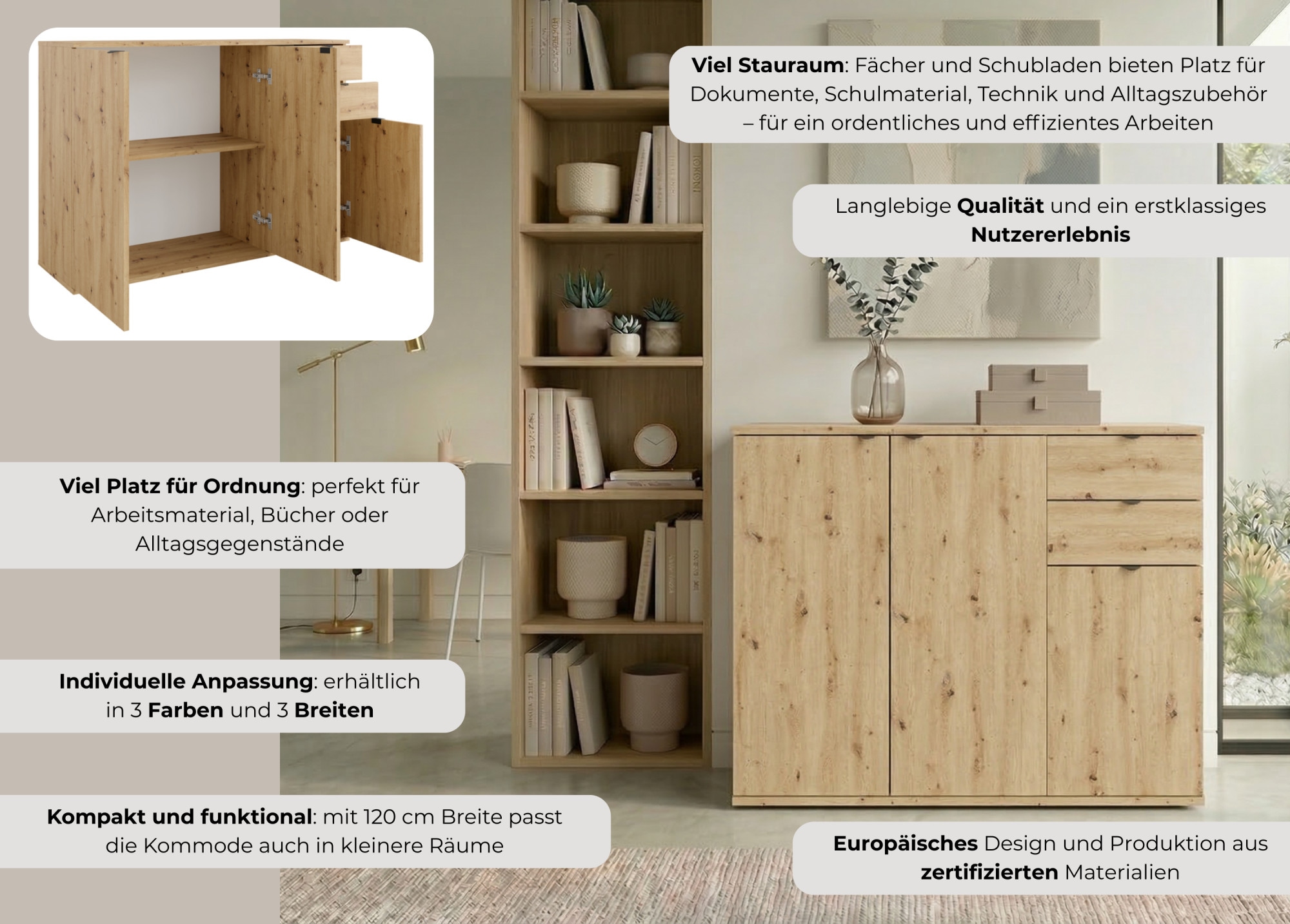 GOODproduct Kommode »THALIAANA Sideboard mit 3 Türen und 2 Schubladen, Breite 120 cm« Schrank in 3 Farben erhältlich, schwarze Metallgriffe, viel Stauraum