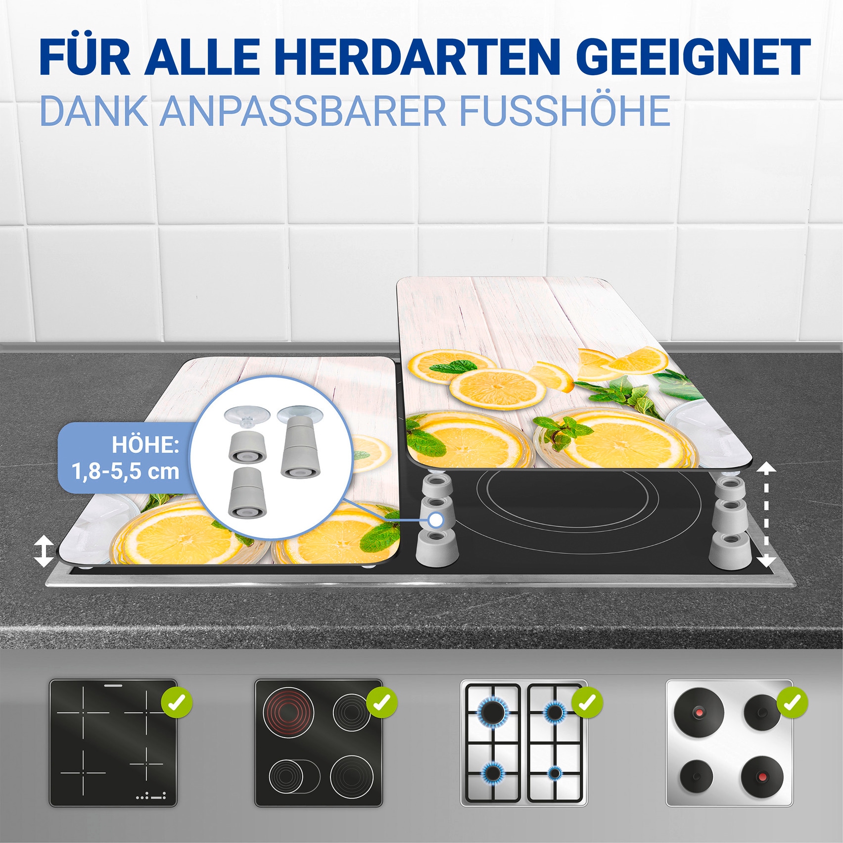 WENKO Herd-Abdeckplatte »Universal Modell Zitronen«, (Set, 2 tlg.), Herdabdeckung für alle Herdarten, kratzfest, mit rutschfesten Füssen