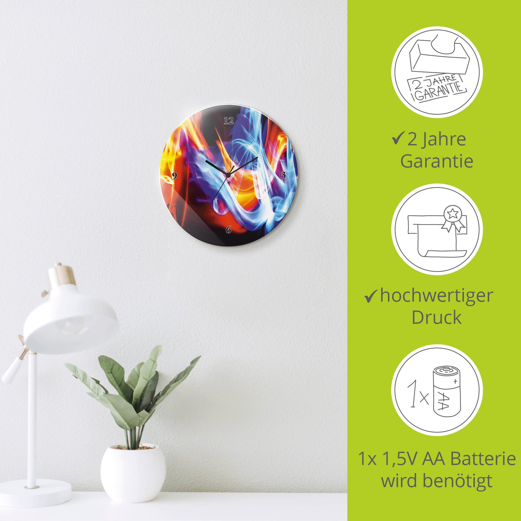 Artland Wanduhr »Glasuhr rund Feuer und Eis« wahlweise mit Quarz- oder Funkuhrwerk, lautlos ohne Tickgeräusche