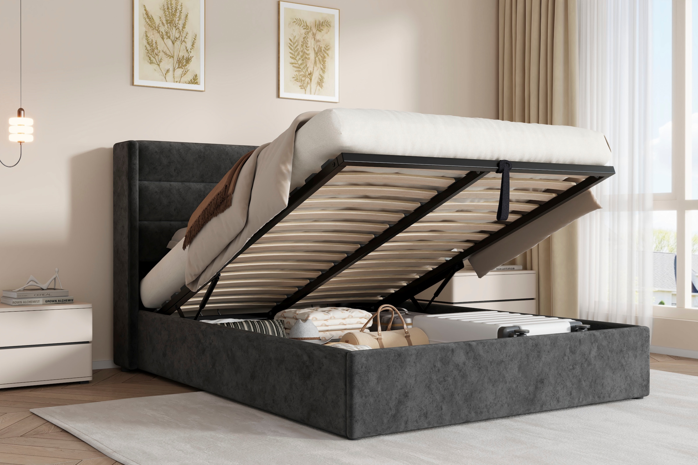 GOODproduct Polsterbett »ROMMINA, Polsterbett mit Bettkasten in den Breiten 140cm & 180cm« Samtweicher Chenille-Bezug