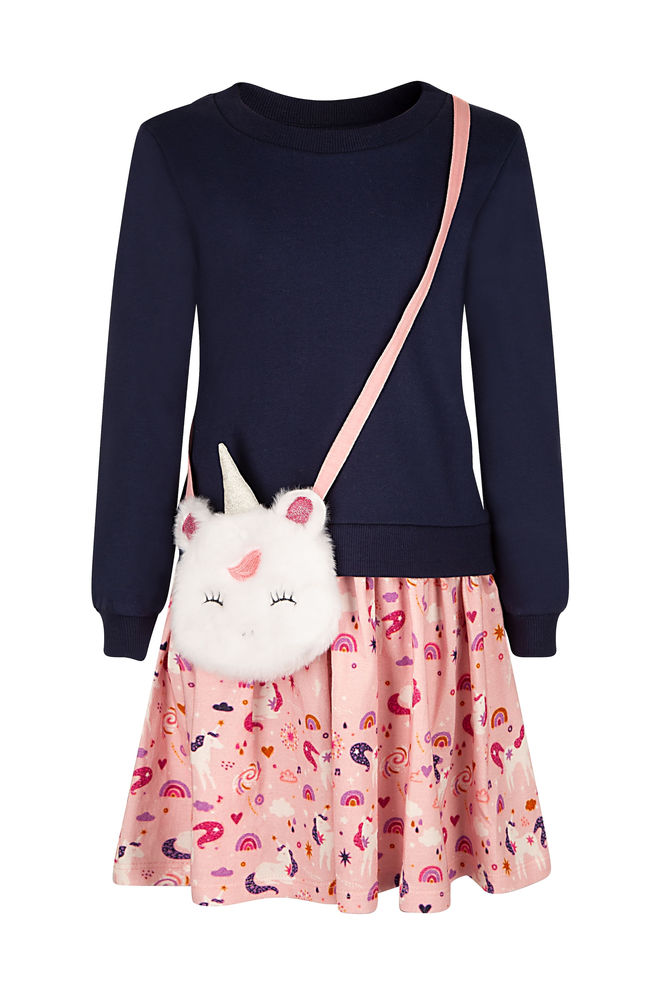 Image of happy girls Sweatkleid Set, 2 Stk. tlg. mit kleiner Umhängetasche im Einhorn-Look