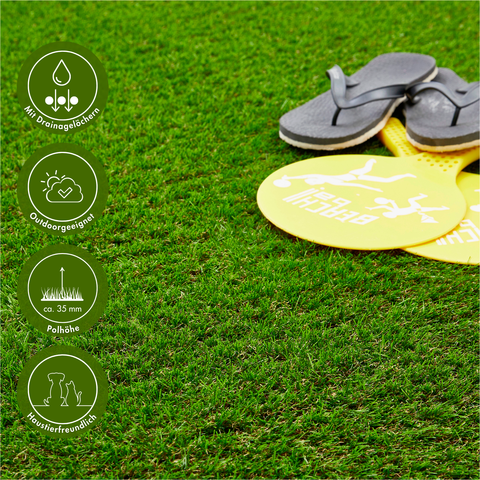 Image of Andiamo Kunstrasen "Mykonos, Premium-Qualität, Gesamthöhe 37 mm, Made in Belgium" rechteckig natürliche Optik, mit Drainagefunktion, für Balkon, Terrasse, & Garten