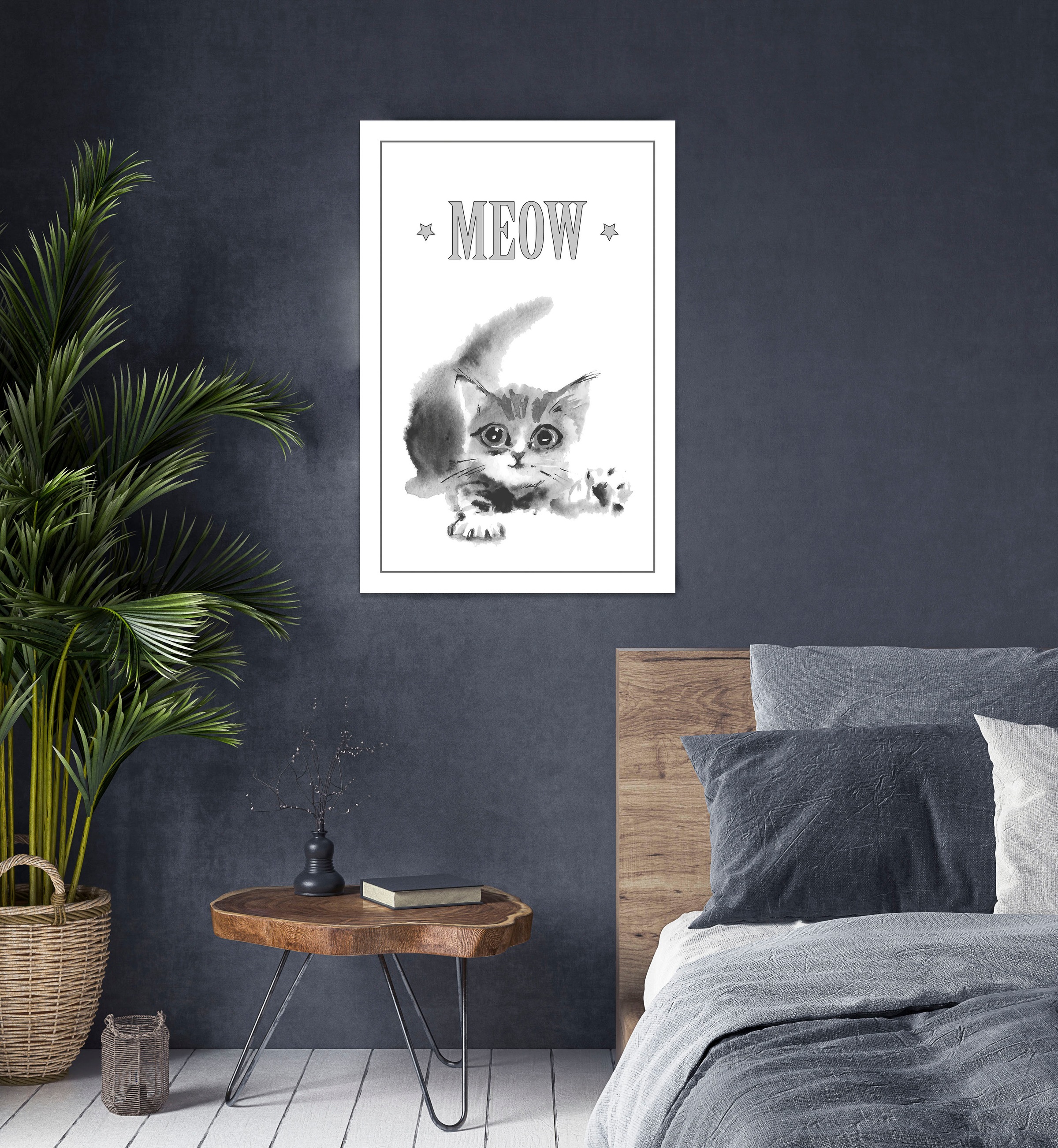 queence Leinwandbild »Katze MEOW« Katze | Katzen | Katzenbilder | Kunst | Modern | Schriftzug | Schwarz-Weiss | Tiere Premium-Leinwandstoff, Handarbeit aus Deutschland