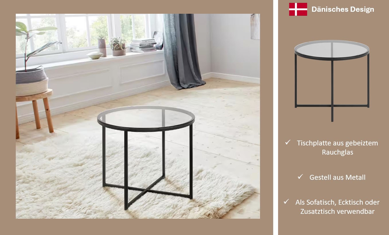 Image of ACTONA GROUP Couchtisch "Conrad, runder Kaffeetisch, Scandi design, B: 55" Couchtisch, Sofatisch, OTTOs Choice, Tischplatte aus gerauchtem Glas, schwarzes Metallgestell, H: 45 cm