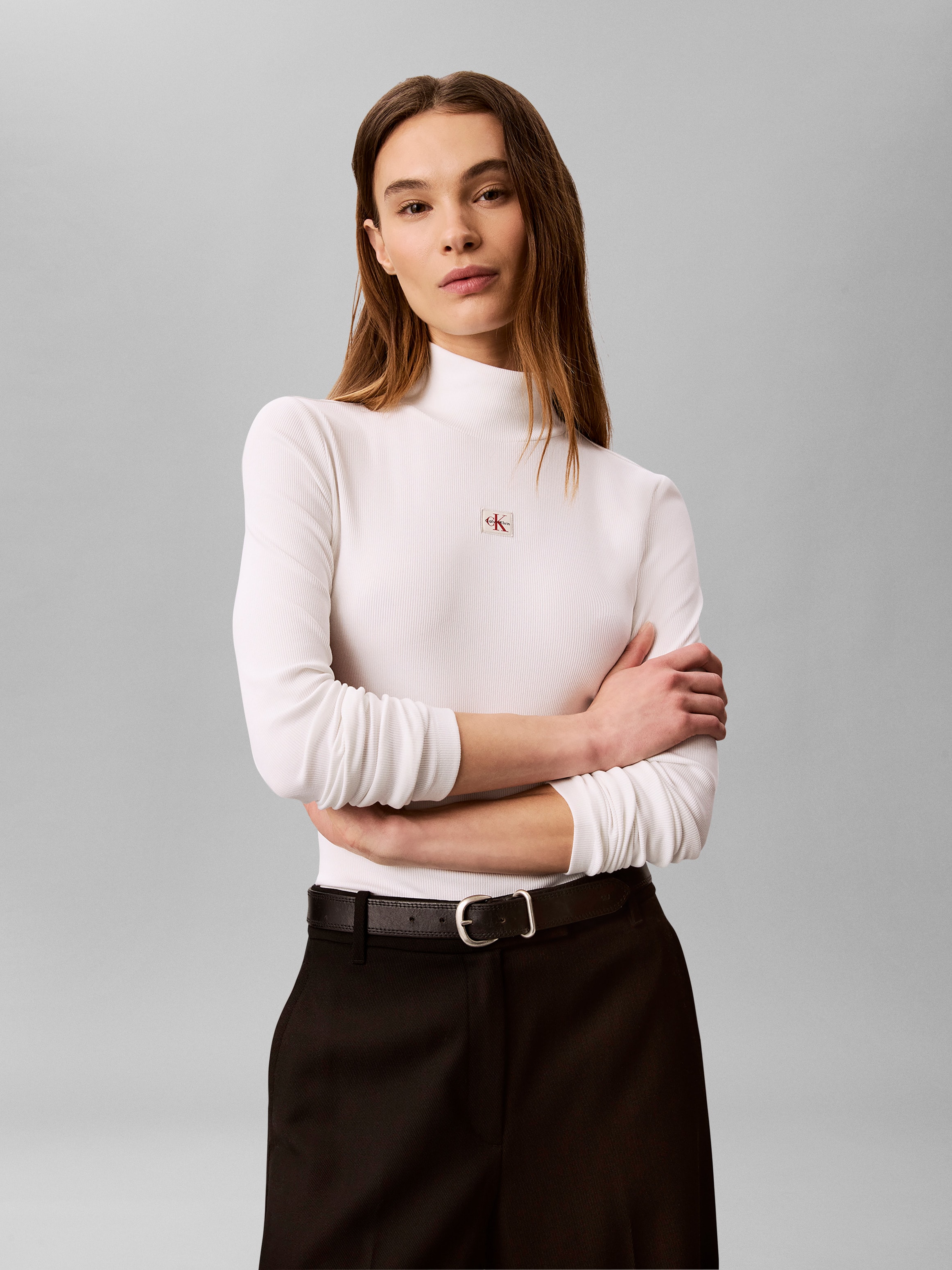 Image of Calvin Klein Jeans Shirttop "LS WOVEN LABEL TURTLENECK" Mit Rundhalsausschnitt, regular fit