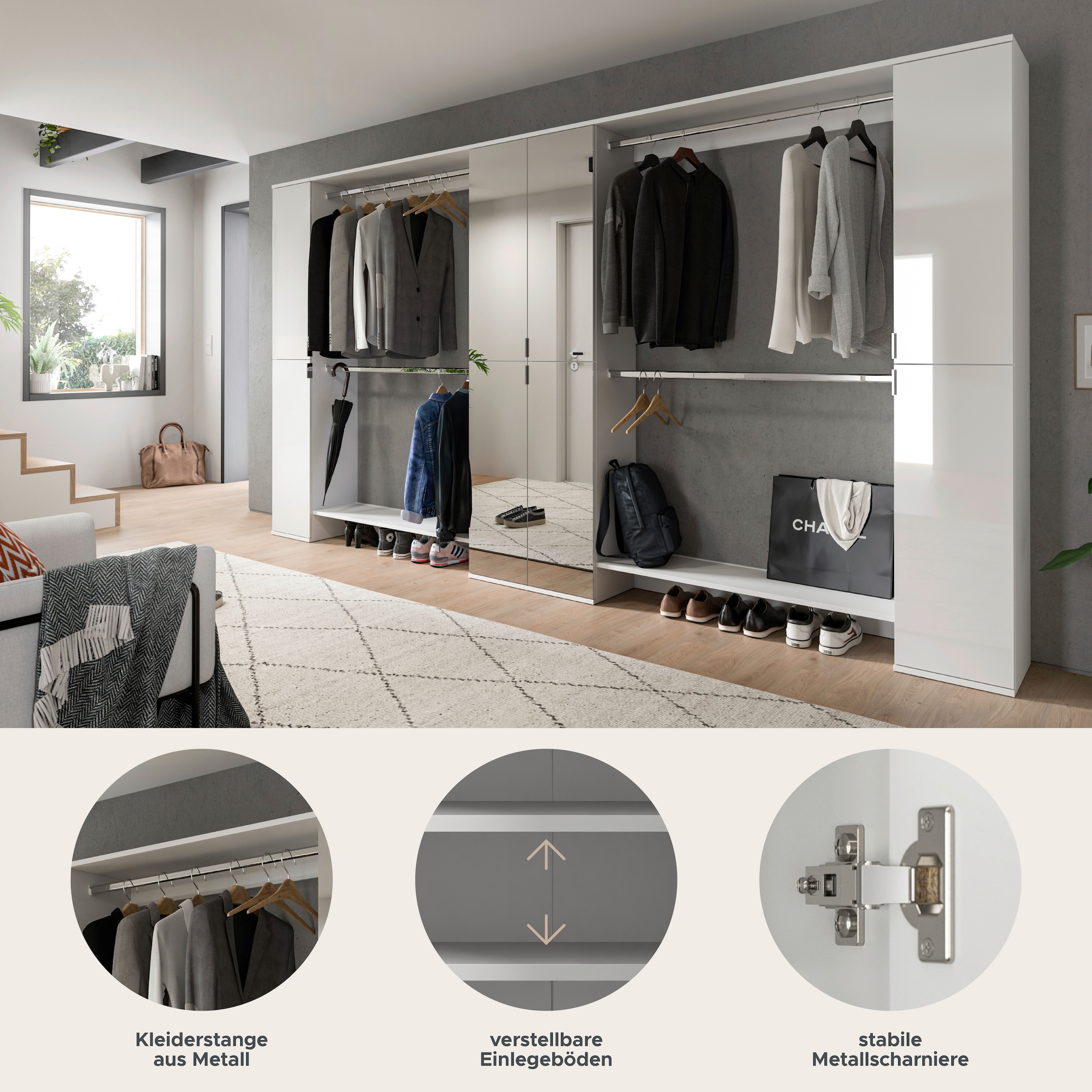 INOSIGN Garderoben-Set »Trondheim, Garderobenset 5-tlg. Breite 341 cm,«, (5 St.), best. aus: Spiegelschrank, 4 Kleiderstanden, 2x Schrank, Flur, Diele