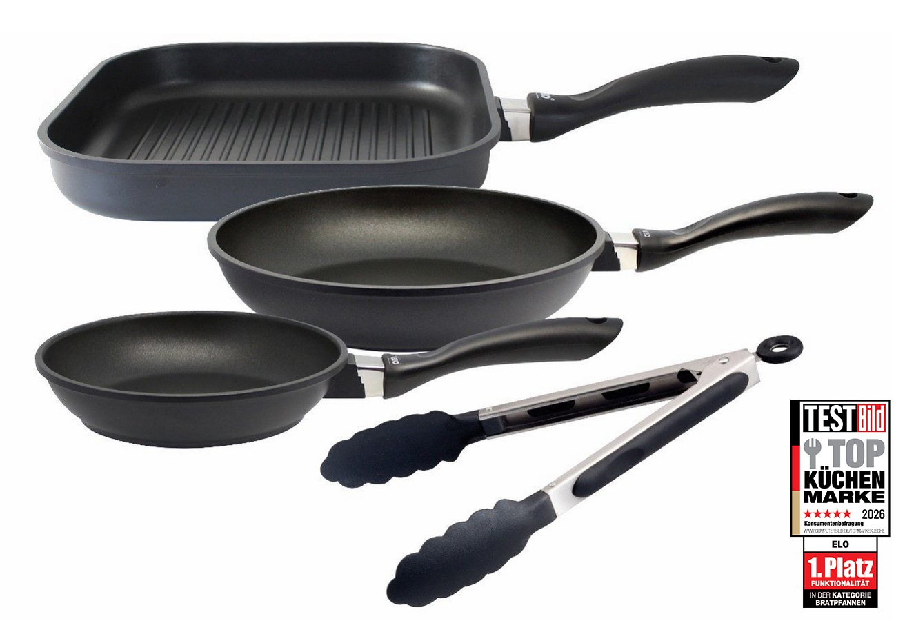 Image of Elo Pfannen-Set "Alucast 4 teilig" Aluminiumguss Set, je 1 Bratpfanne Ø 20/24, 1 Grillpfanne Ø 28 cm, 1 Servierzange, 4 Stk. tlg. Induktion, inkl. 1 Kochzange