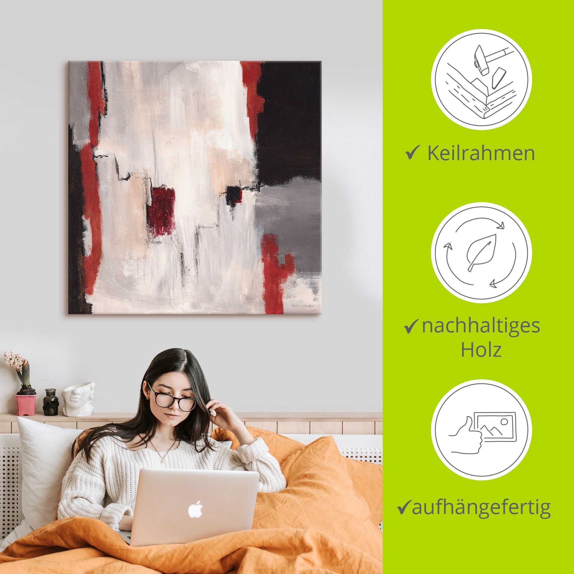 Artland Wandbild »Rot an Grau I - Abstrakt«, Gegenstandslos, (1 St.), als Alubild, Outdoorbild, Leinwandbild, Poster in verschied. Grössen