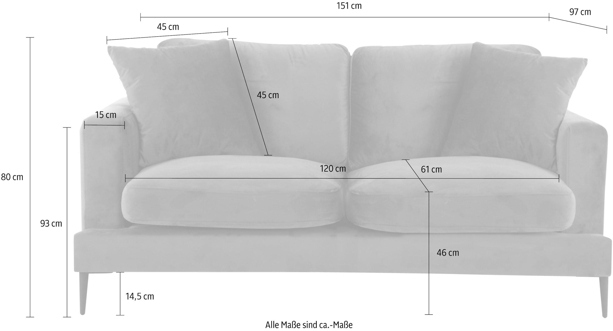 Leonique 2-Sitzer »Cozy elegantes Designsofa, Masse B/T/H: 151/97/80 cm« mit losen Kissen und Metallbeinen